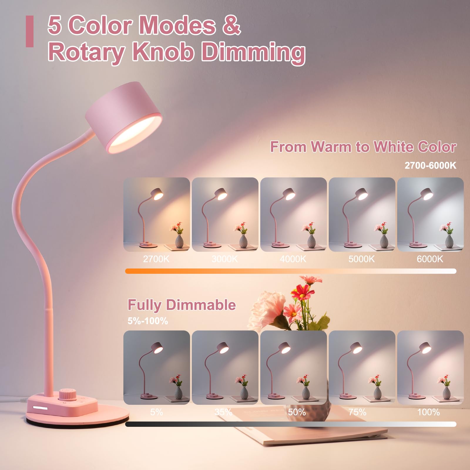 Cute Desk Lamp With Usb C + A Charging Port, 5 Colors Dimmable Reading Lamps, Minimalist Pink Lamp For Kids, Eye Care Metal Beds