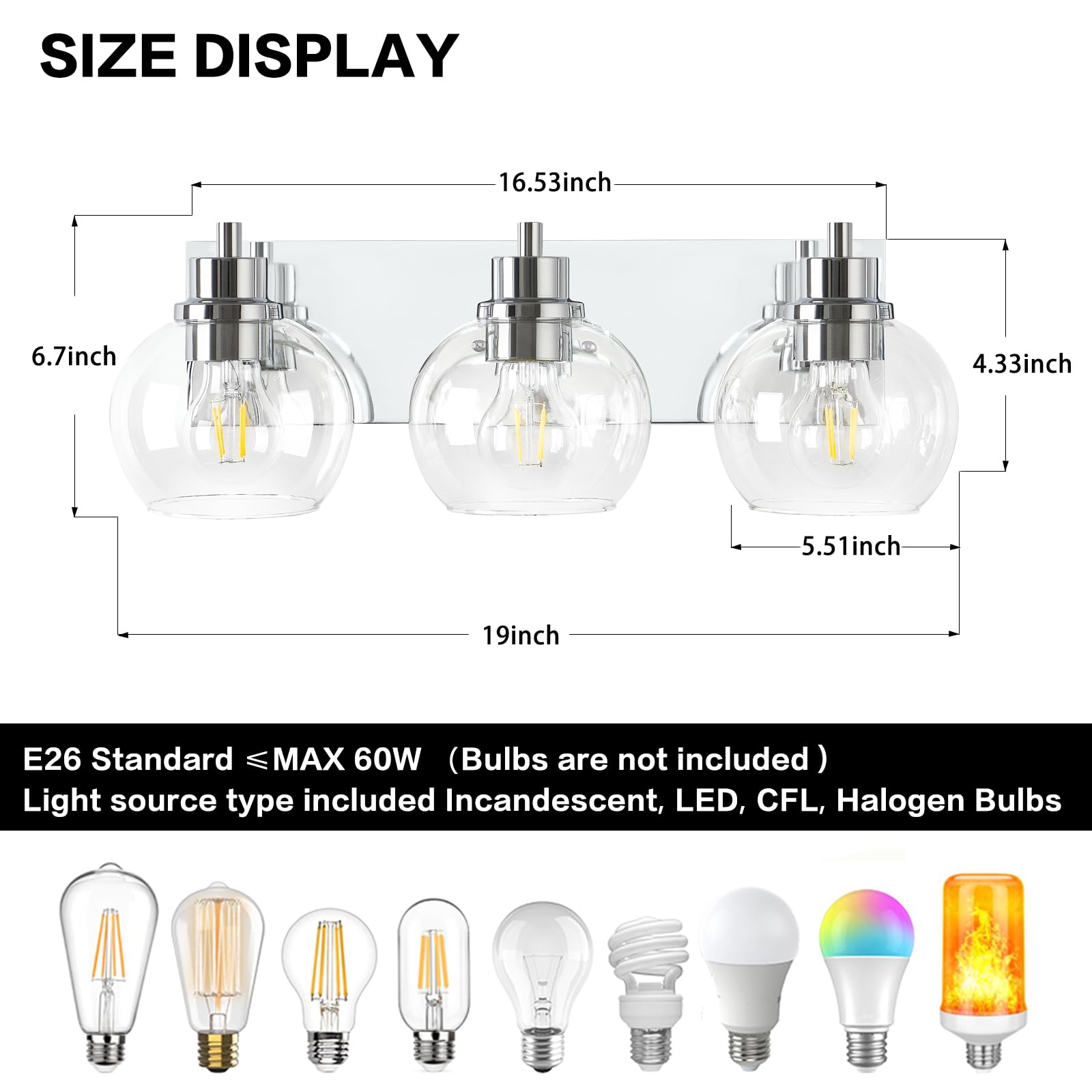 Tuscarora Bathroom Light Fixtures, Chrome Vanity Light 3 Light Bathroom Vanity Light With Clear Glass Shade,Bathroom Light Over Mirror,Bathroom Lighting Fixtures For Mirror