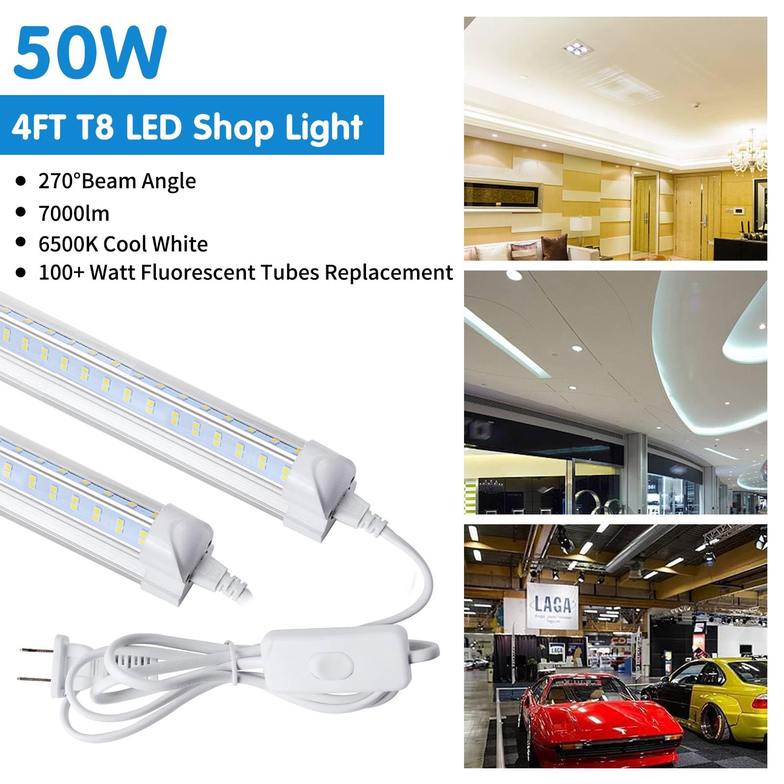 Aqiquut Led Shop Lights,Led Shop Lights 4Ft 50W 6500K 7000Lm Clear White,Shop Light 4Ft 110V Linkable Integrated V-Shape For Sho
