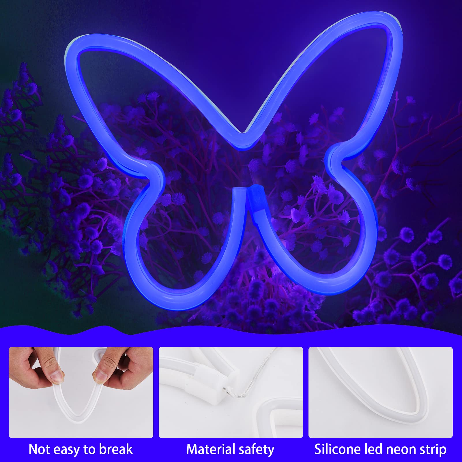 BRIGHTDECK Neon Signs - 3 Pcs Butterfly LED Wall Decor, USB/3-AA Battery Powered, 5 inches, Pink/Blue/Colourful