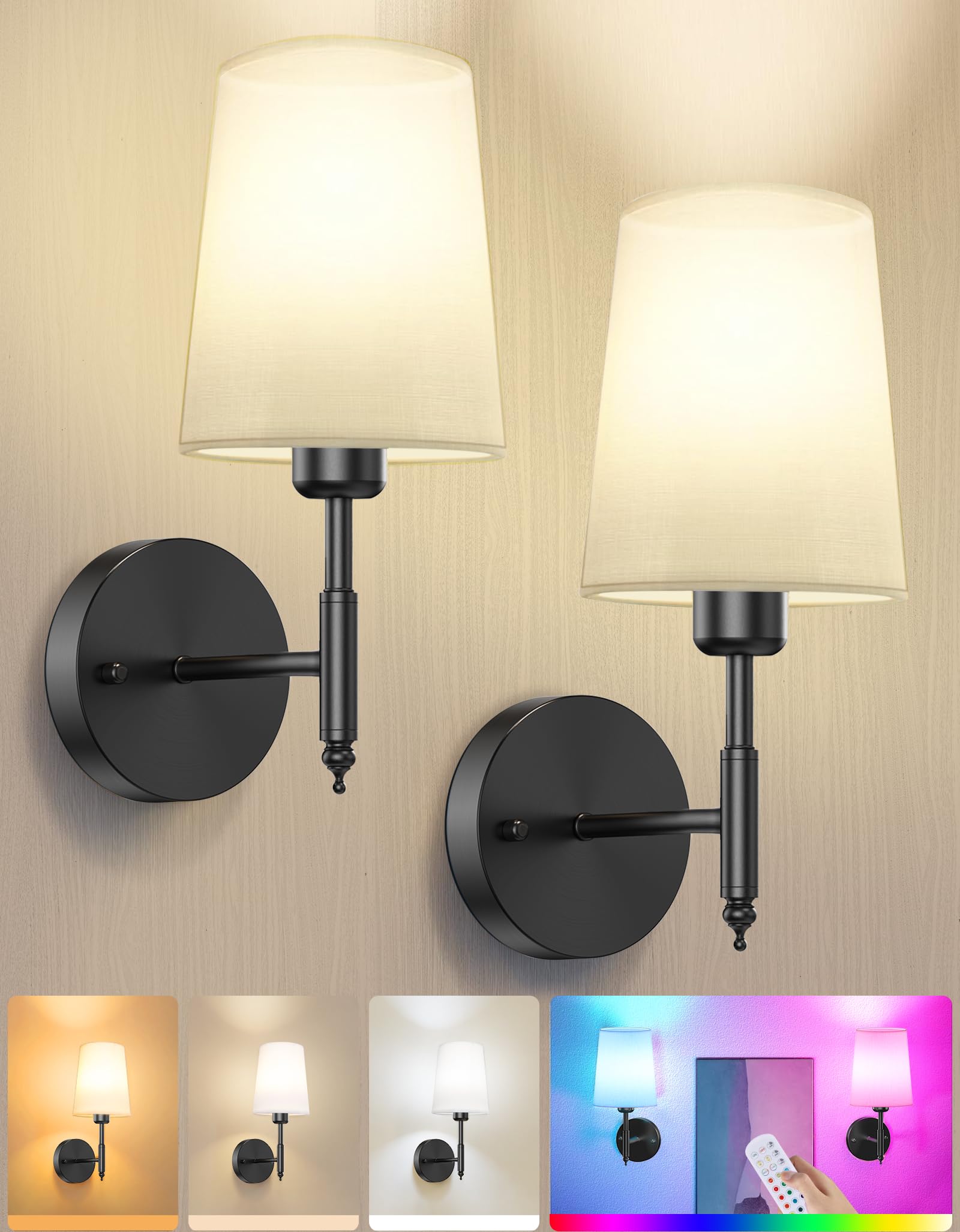 Onwecen Wireless Wall Sconces Set of Two, Dimmable, 10000mAh Battery, 13.8 inch, Black, Model SPU21-14-BK