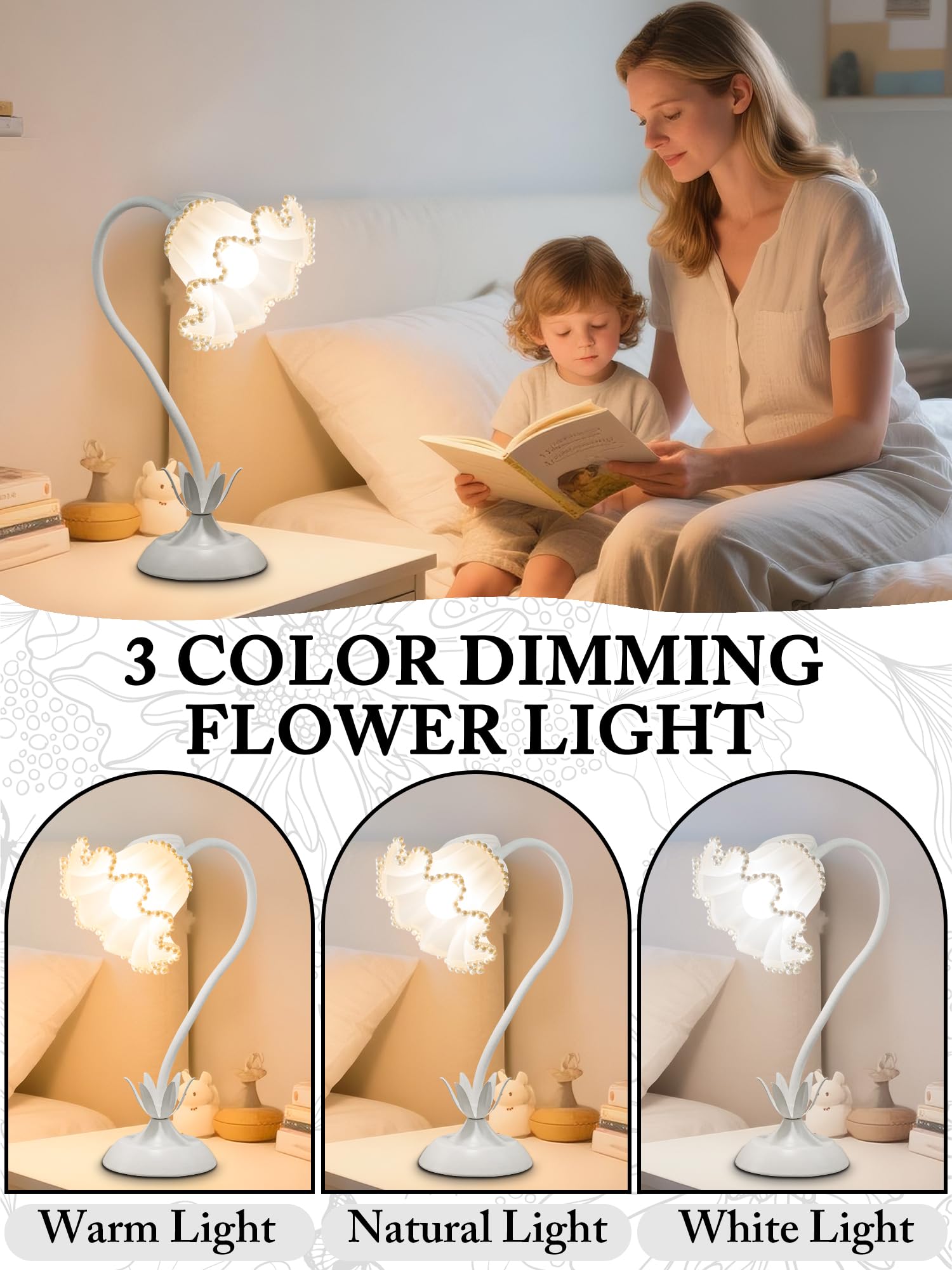Aqdzcnf Flower Table Lamp Led Reading Light Bedside Vintage Flower Night Light 3 Colors Modes Kawaii Bedside Lamps Decor Living Room Bedroom Room Lighting Table Lamps Home Decoration (White Pearls)