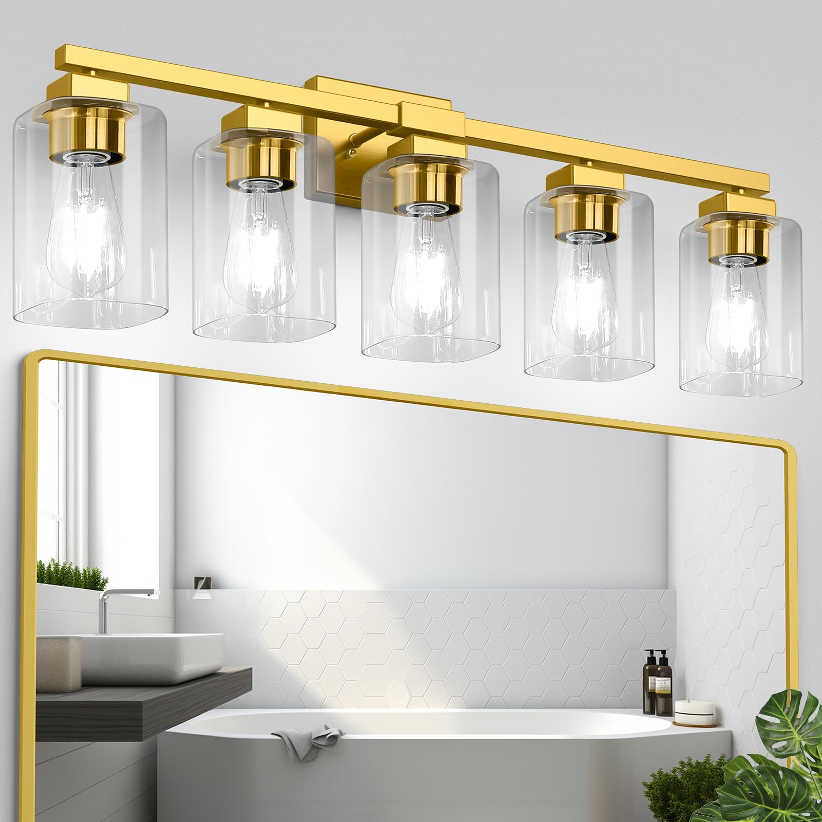 Beslowe 5-Light Bathroom Light Fixtures, Gold Bathroom Vanity Light, Bathroom Lighting Fixtures Over Mirror, Gold Bathroom Wall