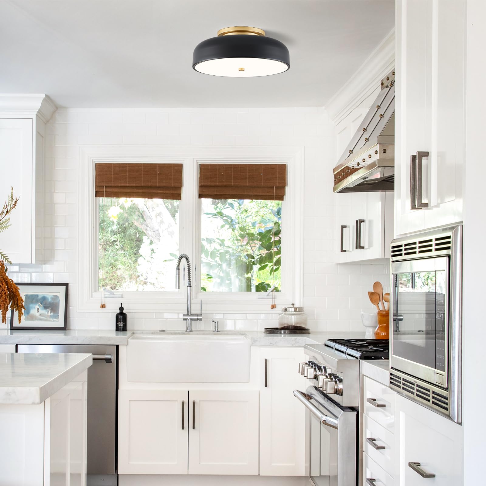 ONESMING Dimmable LED Ceiling Light Fixture, Modern Semi Flush Mount, 11.81in, Black, Model CP3045-GB30, 2700K-6000K