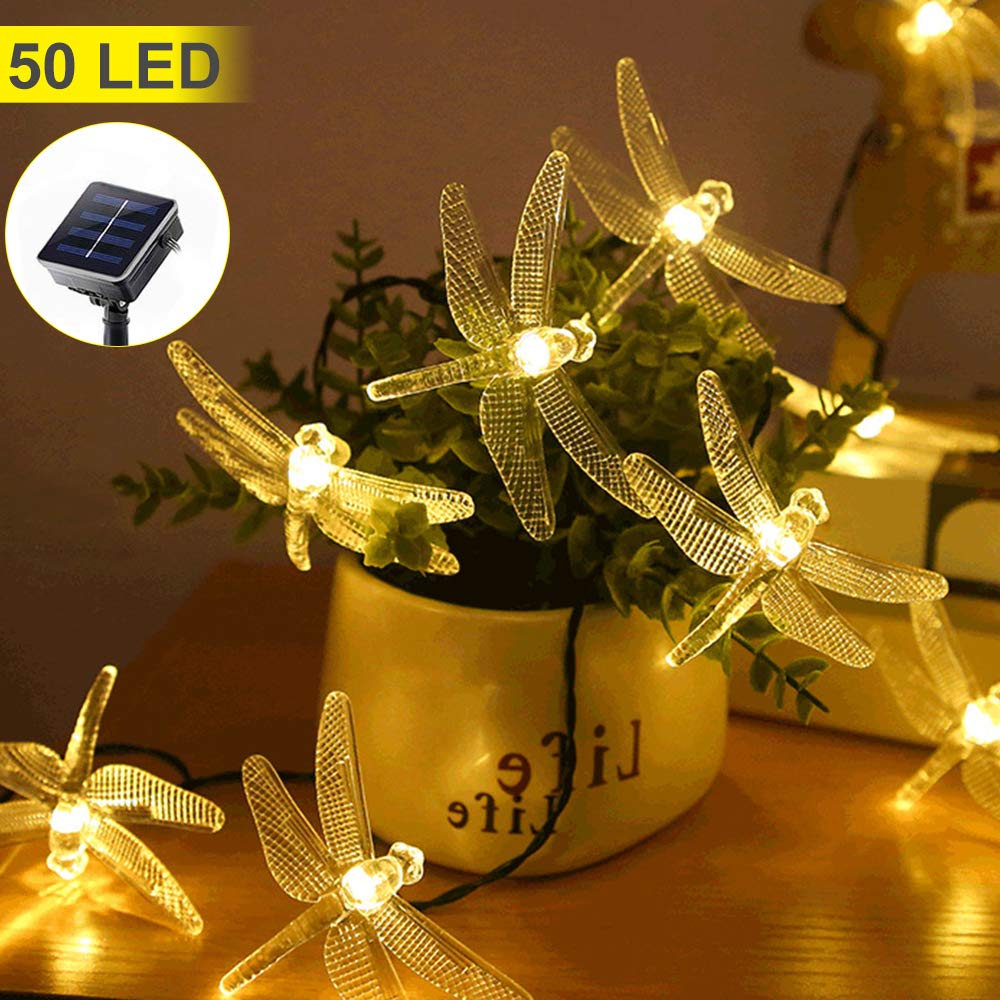 Asfsky Dragonfly Solar Lights Outdoor 50 Led Dragonfly Lights Waterproof Warm White