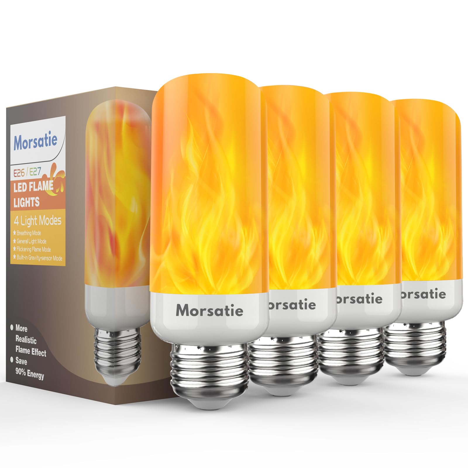 Morsatie Led Flame Light Bulbs - 4 Modes, E26, Flickering, Gravity Sensor - 4 Pack For Halloween,