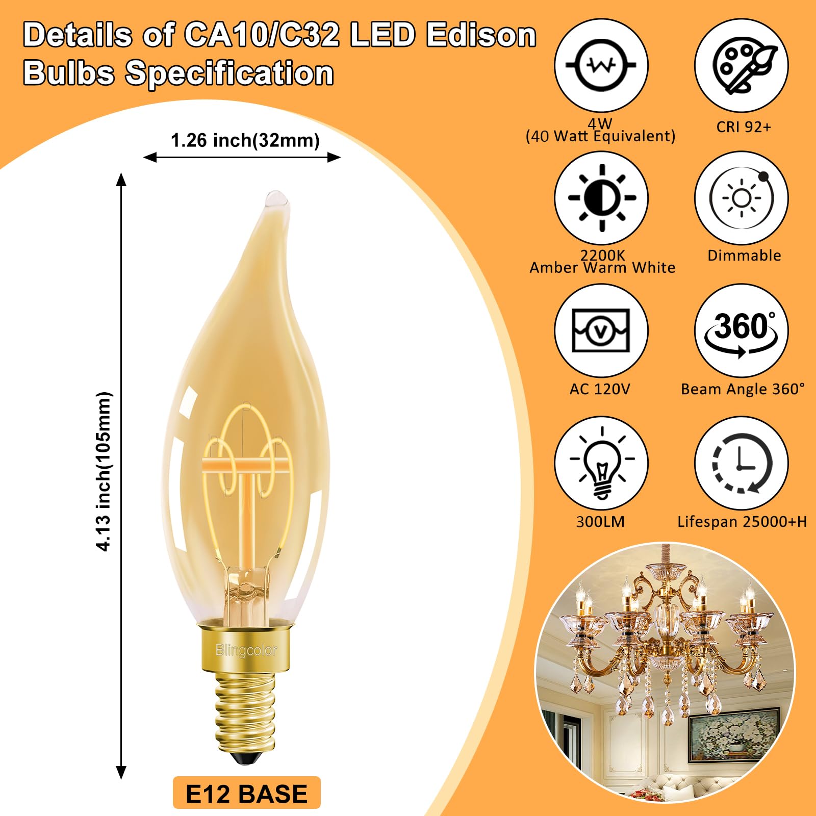 Blingcolor Dimmable E12 Candelabra Led Light Bulbs 40 Watt Equivalent, 4W E12 Led Candle Chandelier Bulbs Abmer Warm Light Bulbs