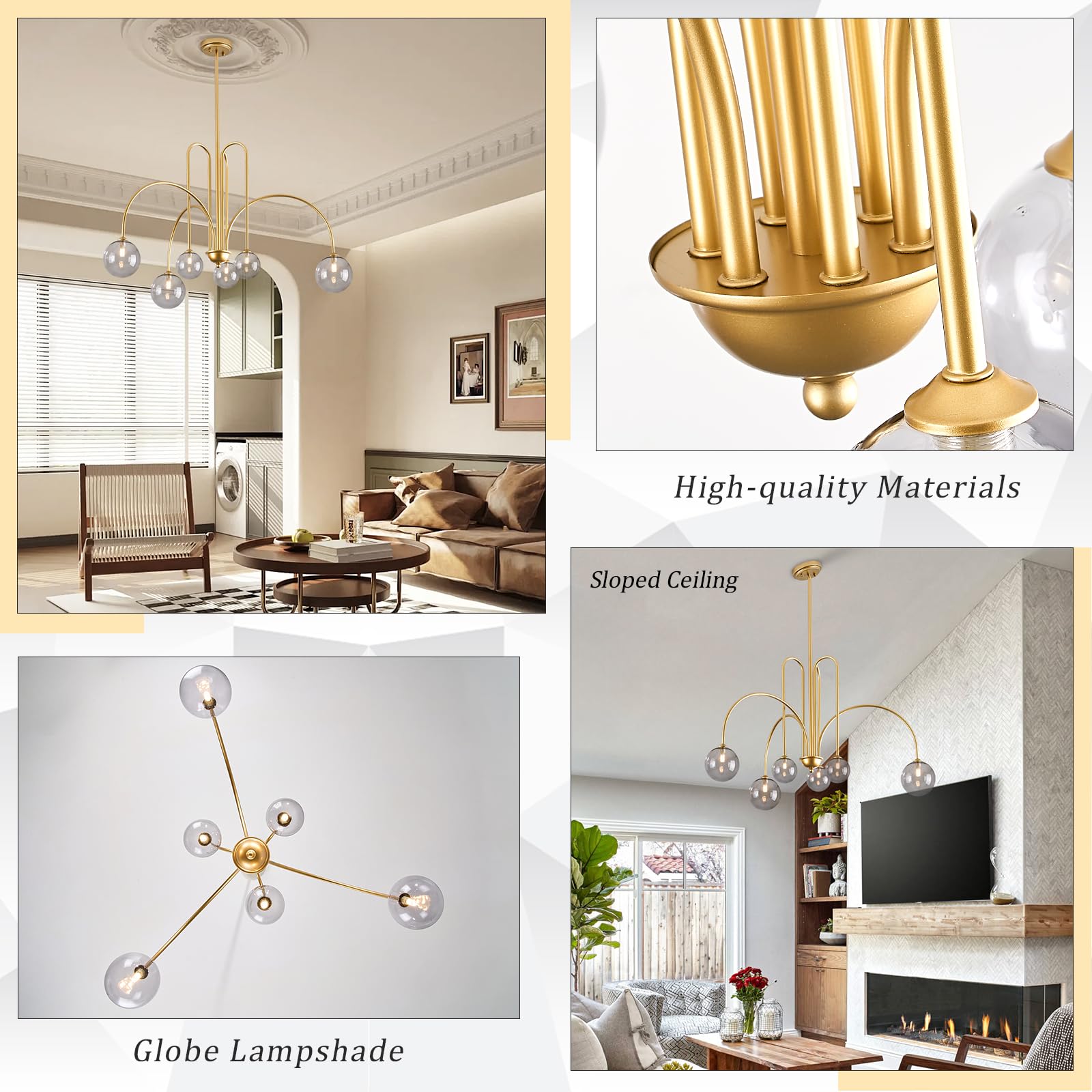 CATINER Modern Gold Chandelier, 6-Light Sputnik, Smoke Glass Globe Shades, L40”, Mid Century Ceiling Pendant for Living Room, Foyer, Bedroom