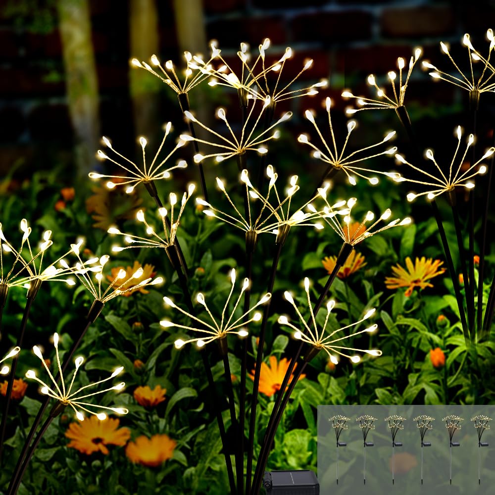 Kwaiffeo Solar Garden Lights Outdoor: Waterproof 2 Modes Twinkling Fireworks Light  Solar Lights for Outside Yard Pathway Garden Decor - Mothers Day Gardening Gifts for Women  Warm White -6Pack
