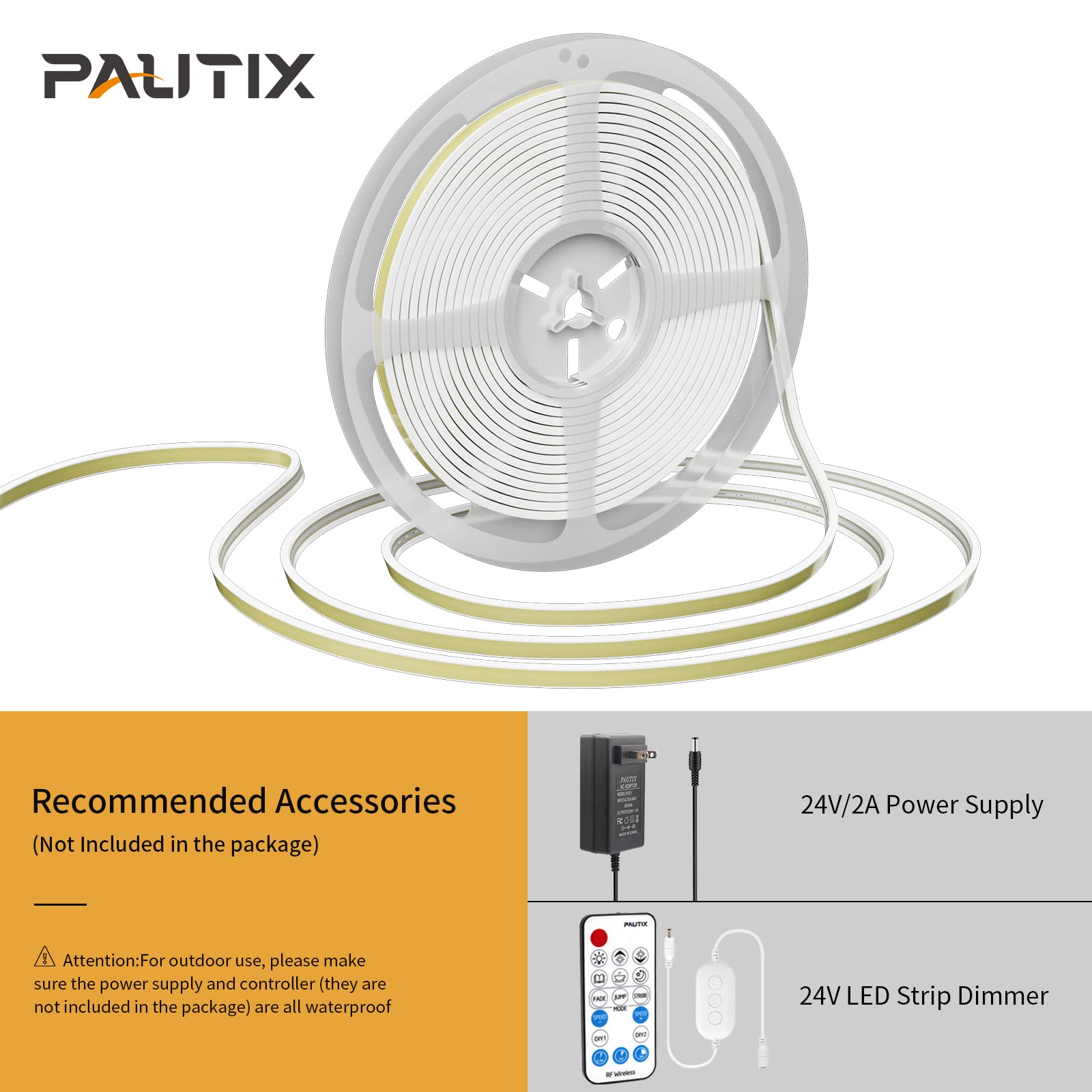Pautix Cob Led Strip Neon Rope Light 16.4Ft, 4000K White, Ip67 Waterproof, 504 Leds/M, Silicone, Model Snw504W24-Cob