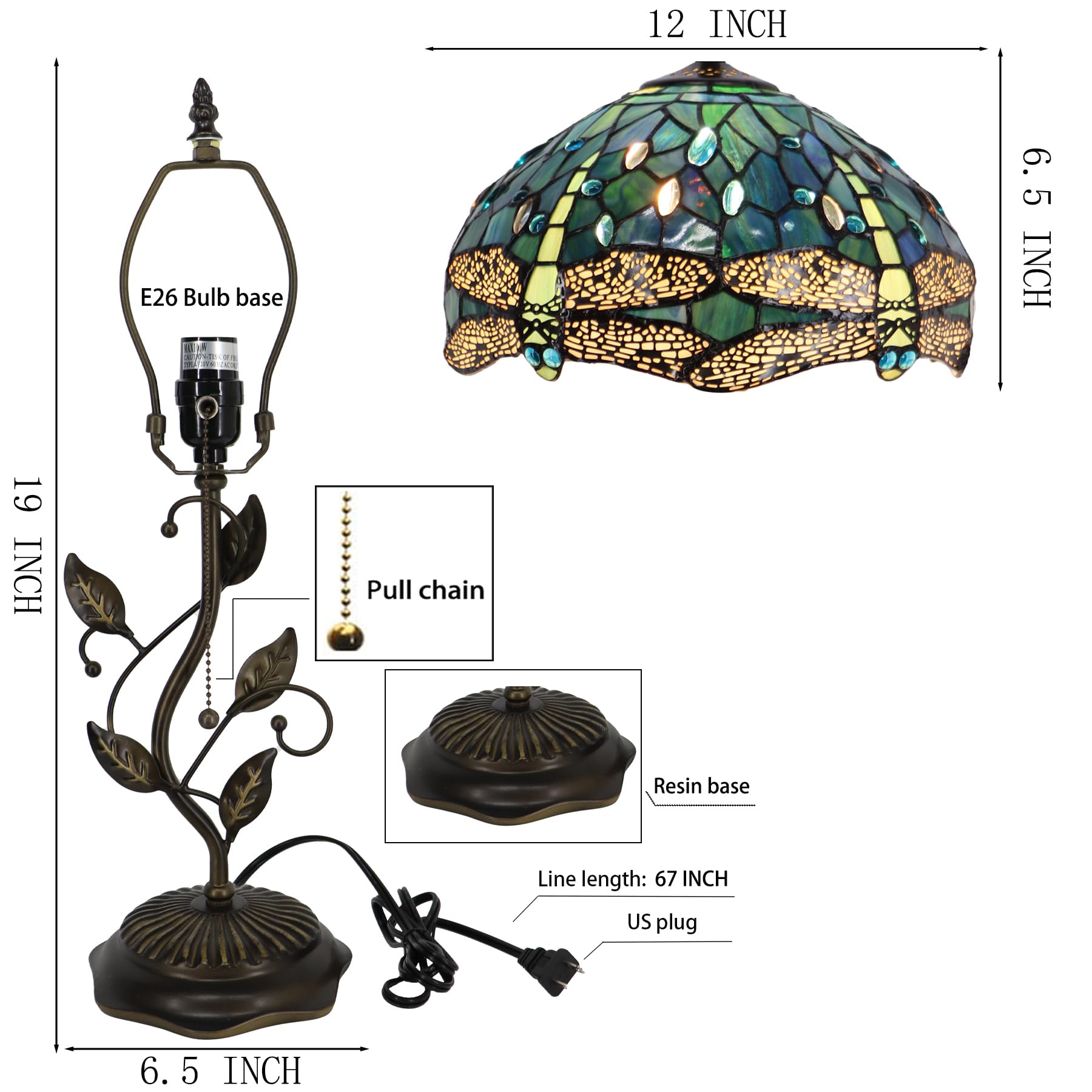 Lxhcyou Tiffany Table Lamp, Stained Glass Desk Light, W12H19 Inch, Metal Leaf Base (Dragonfly Style)