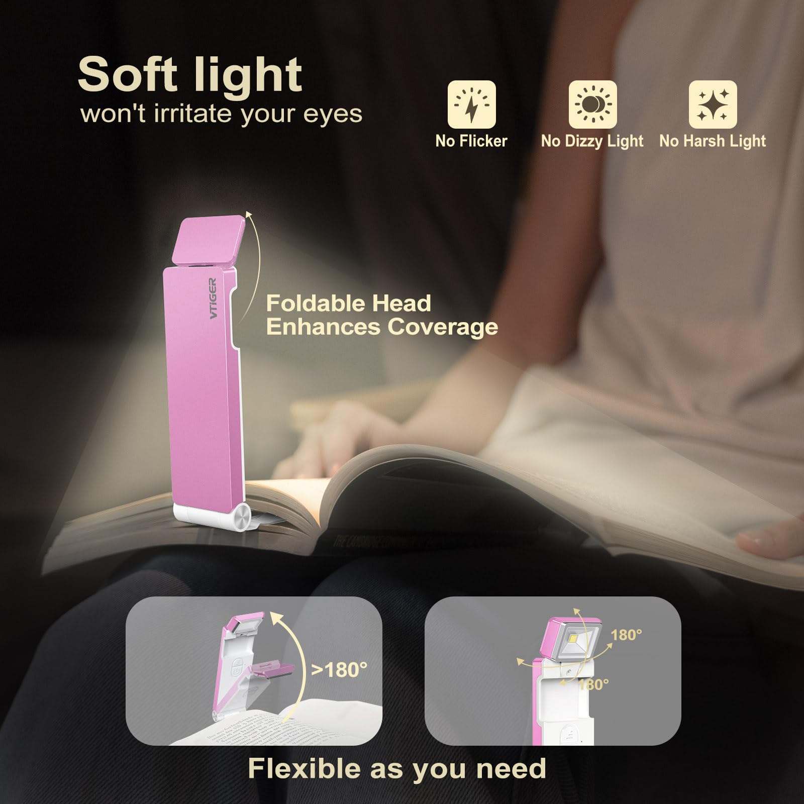 VTIGER USB Rechargeable Book Light, Foldable Clip-on, 3 Amber Colors, 4 Brightness Levels, Pink, Model B1
