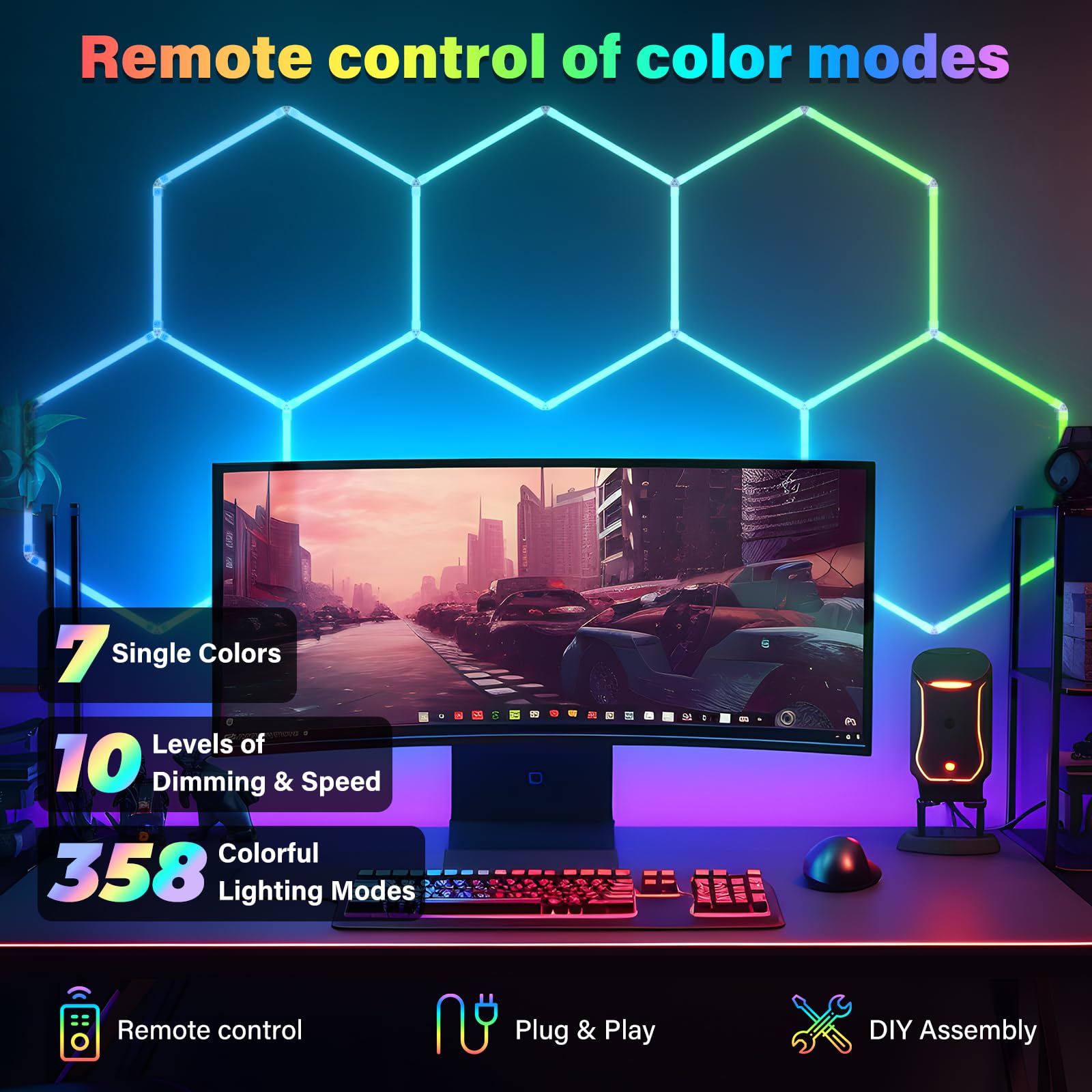 Allyes Hexagon Led Lights - Garage Hexagon Light With 358 Color Modes, Dimmable And Speed Adjustable Rgb Hexagon Wall Lights, Di