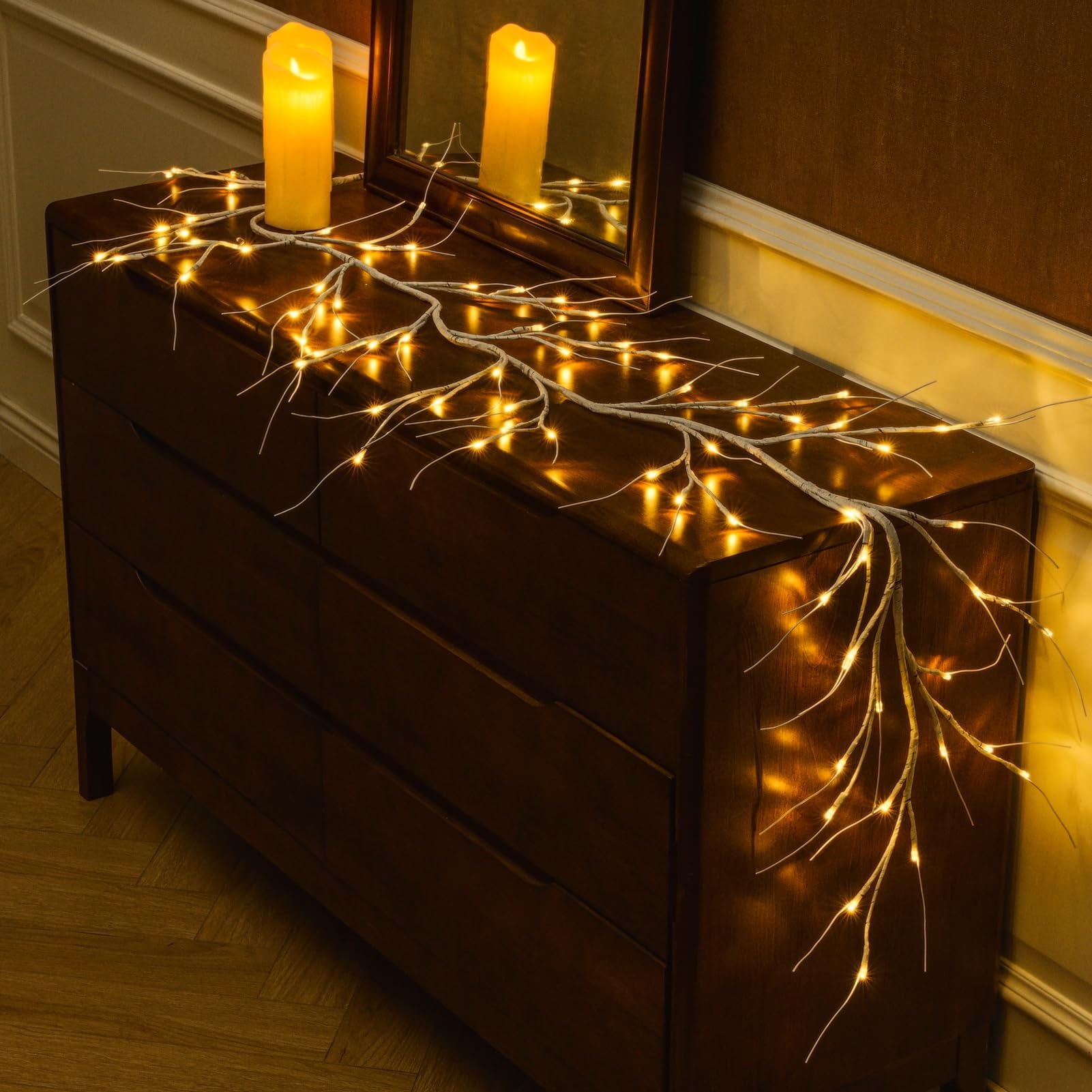 White Birch Garland with Lights 6ft 72LED, Battery Operated Twig Vine with Timer, Lighted Birch Tree for Walls Home Mantle Decor