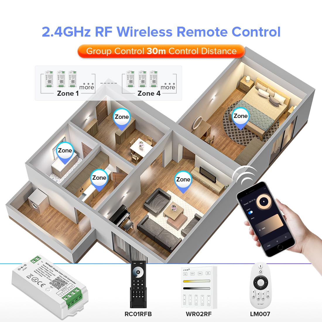 Btf-Lighting C01W Monochrome Pwm (+V -V) 2Pin Led Strip Dim Brightness 2.4Ghz Tuya Wifi Group Controller Alexa Google Home Smart