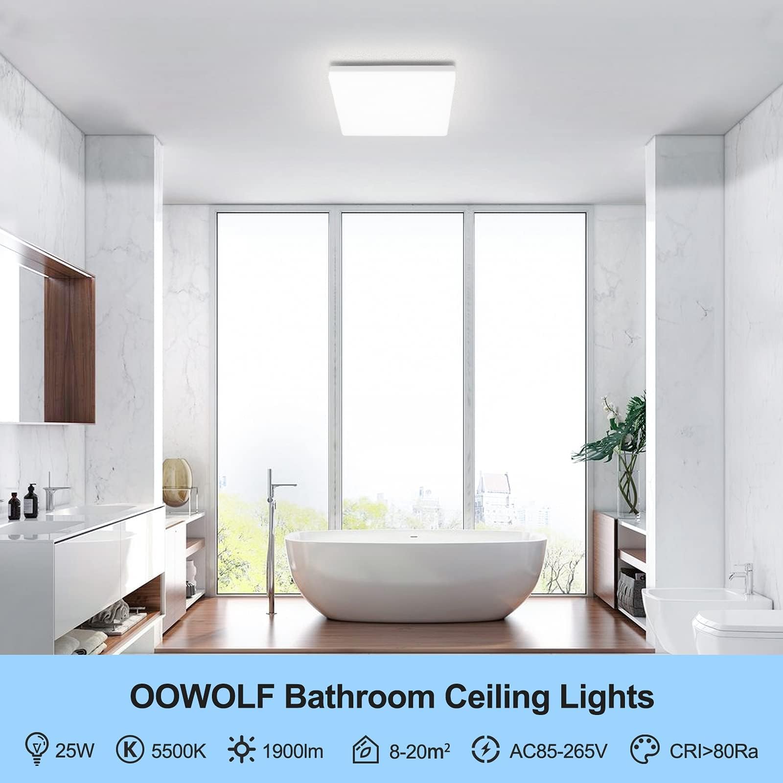 Oowolf 25W 5000K Led Flush Mount Ceiling Light Fixture Ultra Slim, 12Inch Waterproof Bathroom Square Led Ceiling Lamp Fixture Without Flicker, 85Ra+ Daylight White For Kitchen Bedroom Hallway Office