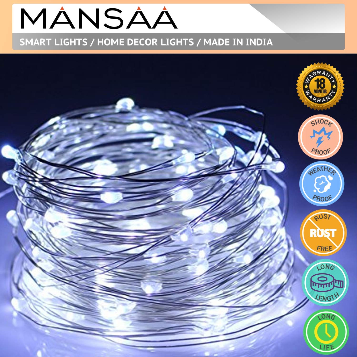 MANSAA M25 Battery Operated LED String Light | 5 Meter 50 LEDs | White Color | Battery Led Lights | Home Decor | Pack of 2