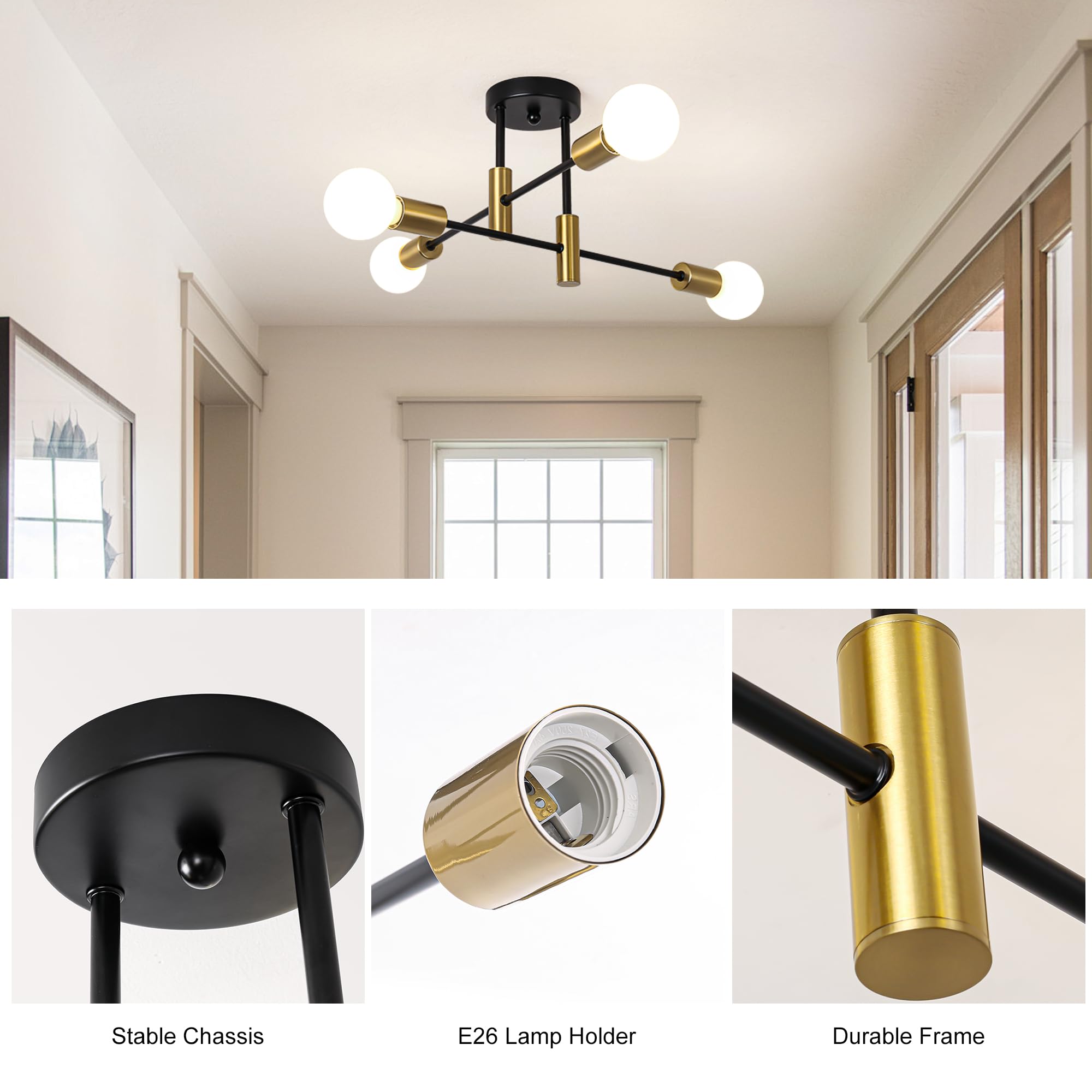 Garwarm 2 Pack 4-Light Industrial Semi Flush Mount Sputnik Ceiling Light Fixture, Black And Gold Modern Sputnik Chandelier For P