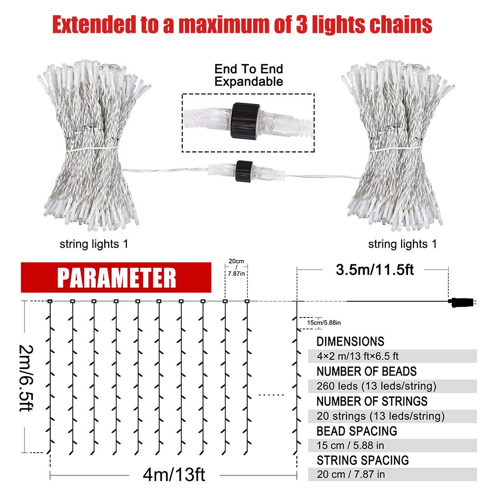 Heyfuni Fiee Curtain Lights,13Ftx6.5Ft Safety Window Curtain Icicle String Lights 30V 8 Modes For Christmas Wedding Party Family Patio Lawn Decoration(Warm White)