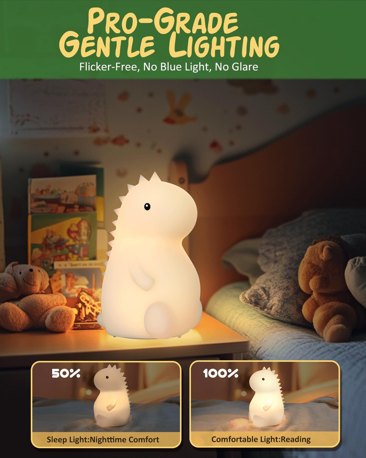 loatme Night Light for Kids, Rechargeable Silicone LED Lamp, Dimmable, 7 Colors, Dinosaur Design