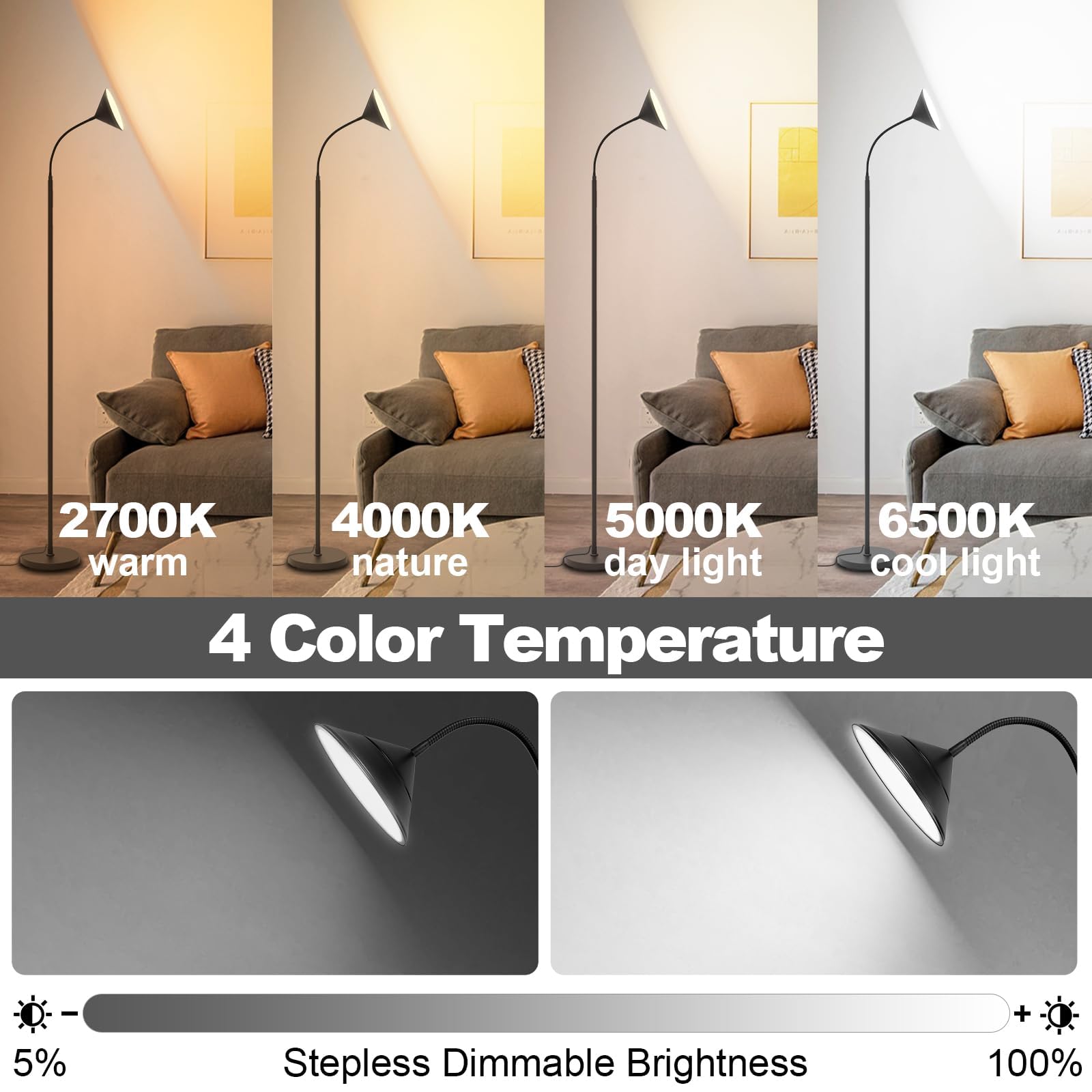 Mukuxin Tall Led Floor Lamp, Dimmable 2700K-6500K, Remote & Touch Control, Black