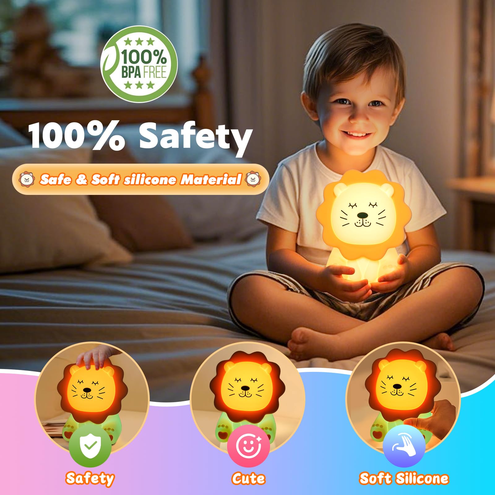 Nawchedo Night Light for Kids - Soft Silicone Lion Lamp, 7 Colors, Dimmable, Rechargeable, Anti-glare, Cute Yellow Design