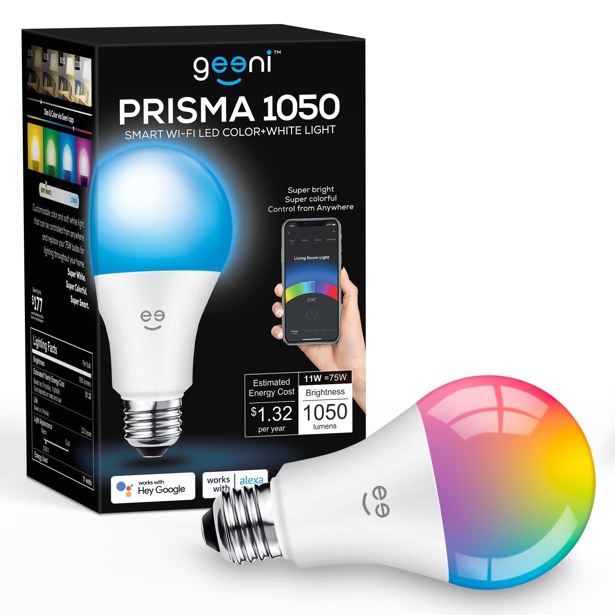Geeni PRISMA 1050 Wi-Fi LED Light Bulb, Multicolor (2700K): Dimmable LED, A21, 75-Watt Equivalent: Works with Alexa & Google Ass
