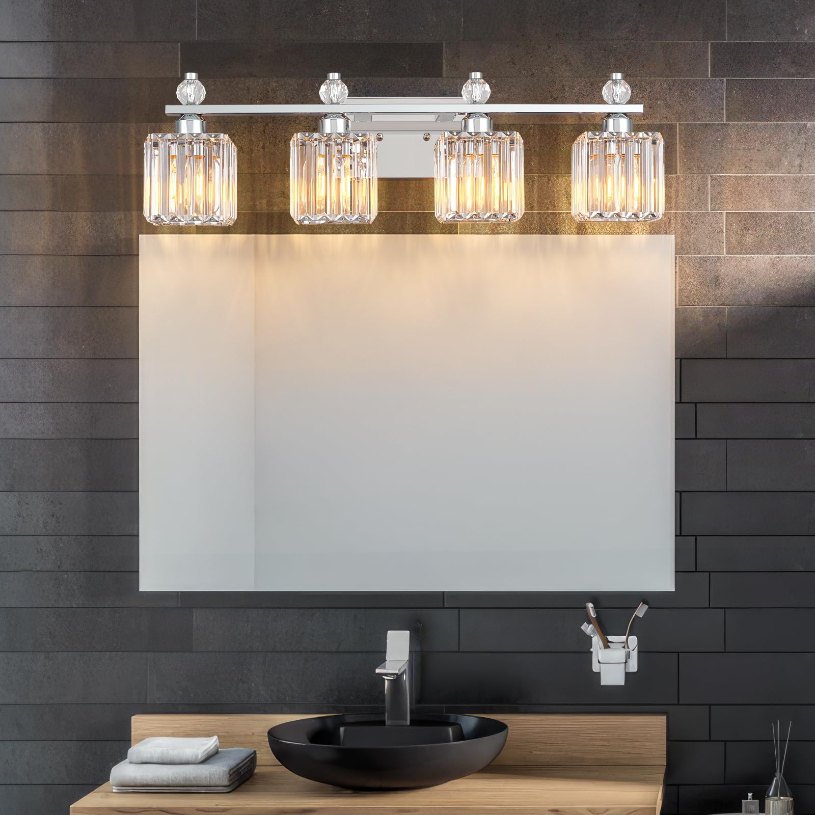 FDPBY 4-Light Crystal Vanity Light Fixtures, Chrome Square, Model 290, Metal Bathroom Lighting Over Mirror