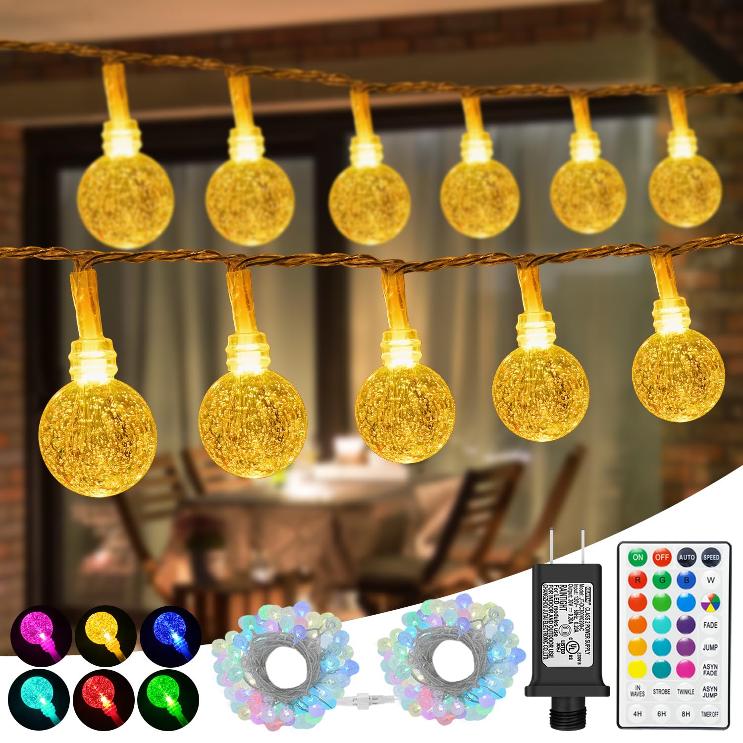 Omika Globe Outdoor String Lights Plug In, Connectable 66Ft 120Led Crystal Ball Lights Waterproof Remote, 24 Colors Decorative Lights For Patio Umbrella Tent Garden Eaves Party Indoor Christmas Décor