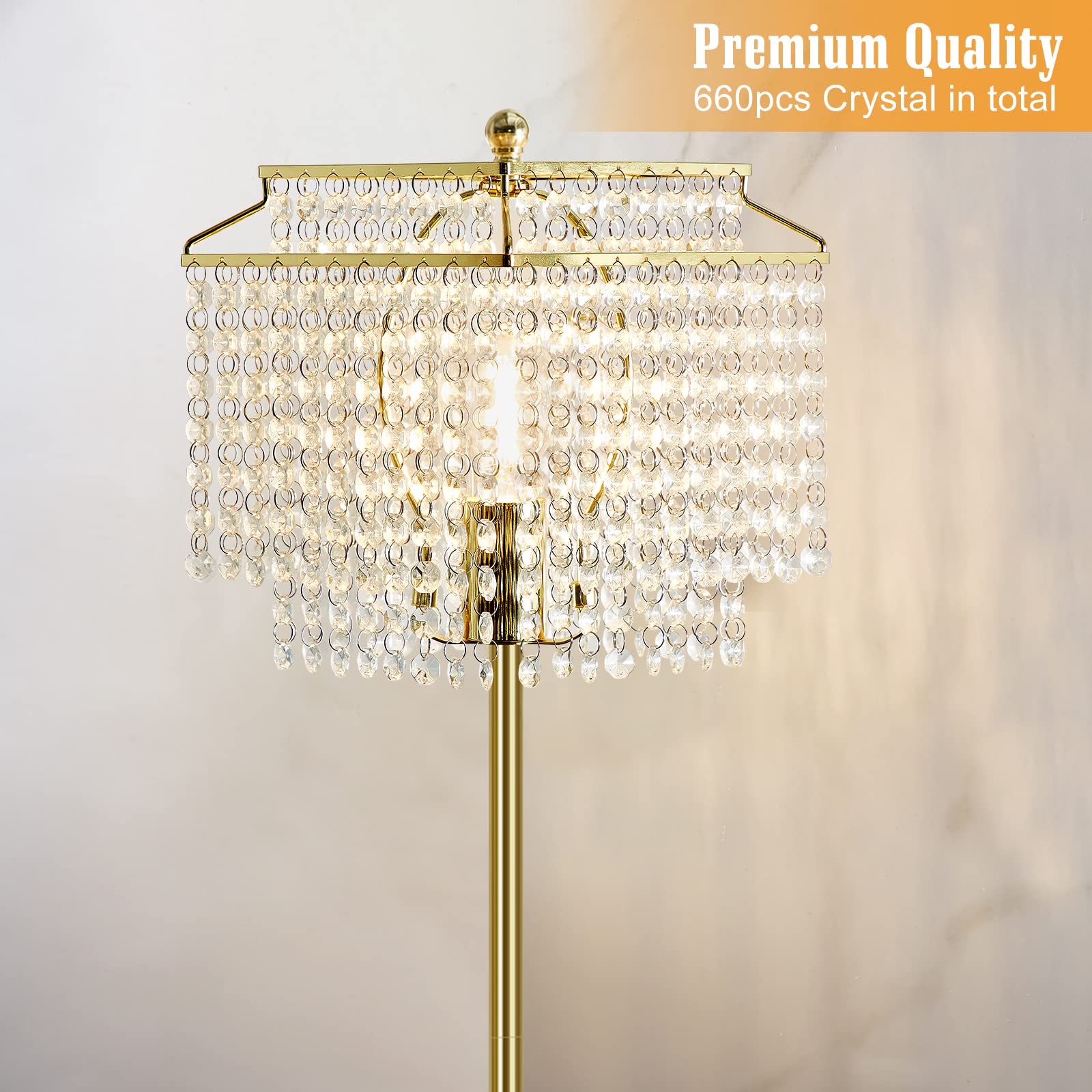 Luvkczc Crystal Floor Lamp - Elegant Gold Design, Double-Layer Lampshade, 8W LED Included for Living Room, Bedroom, Office