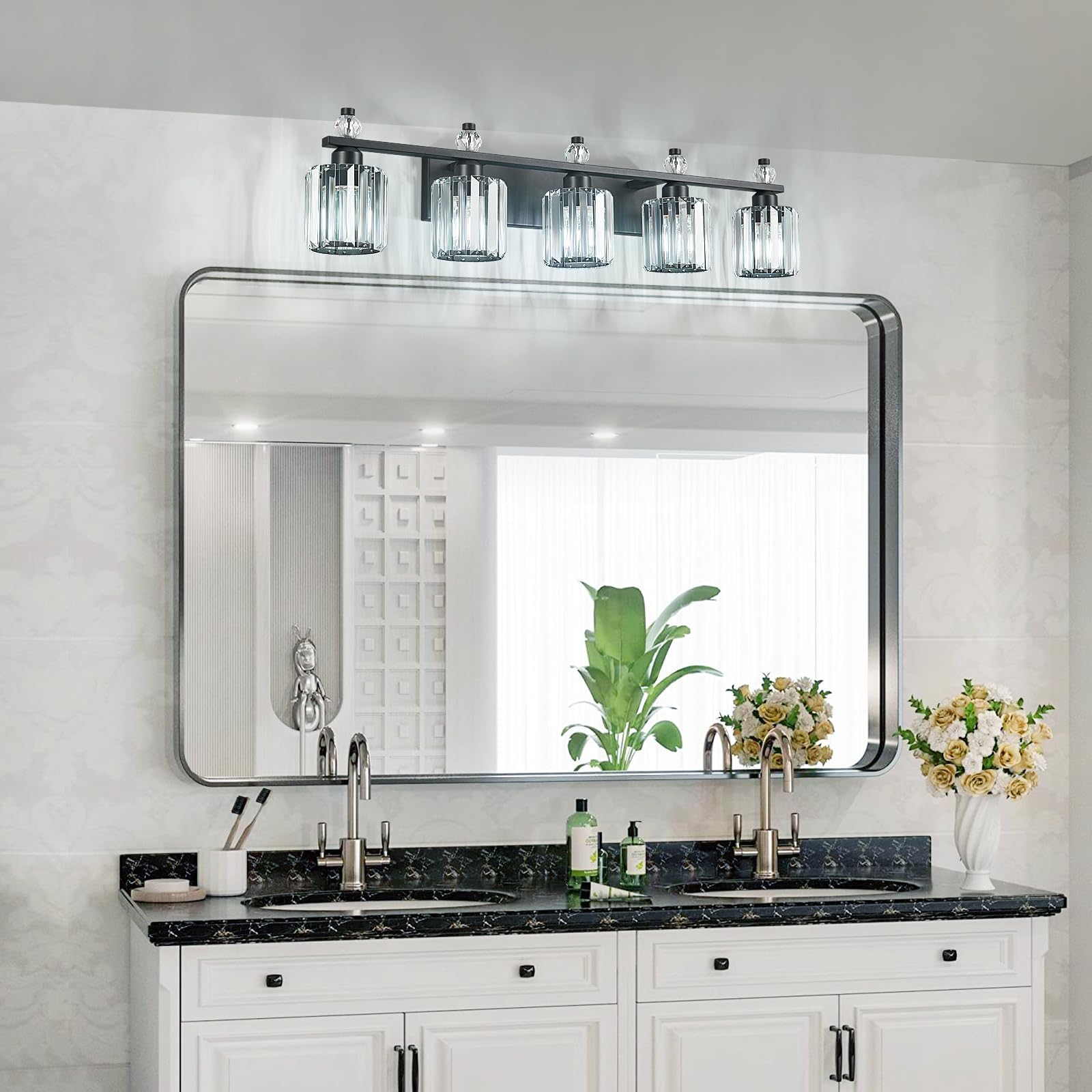 FDPBY Bathroom Vanity Light Fixtures 5-Light Sand Black Modern Crystal Over Mirror Model 291 Metal