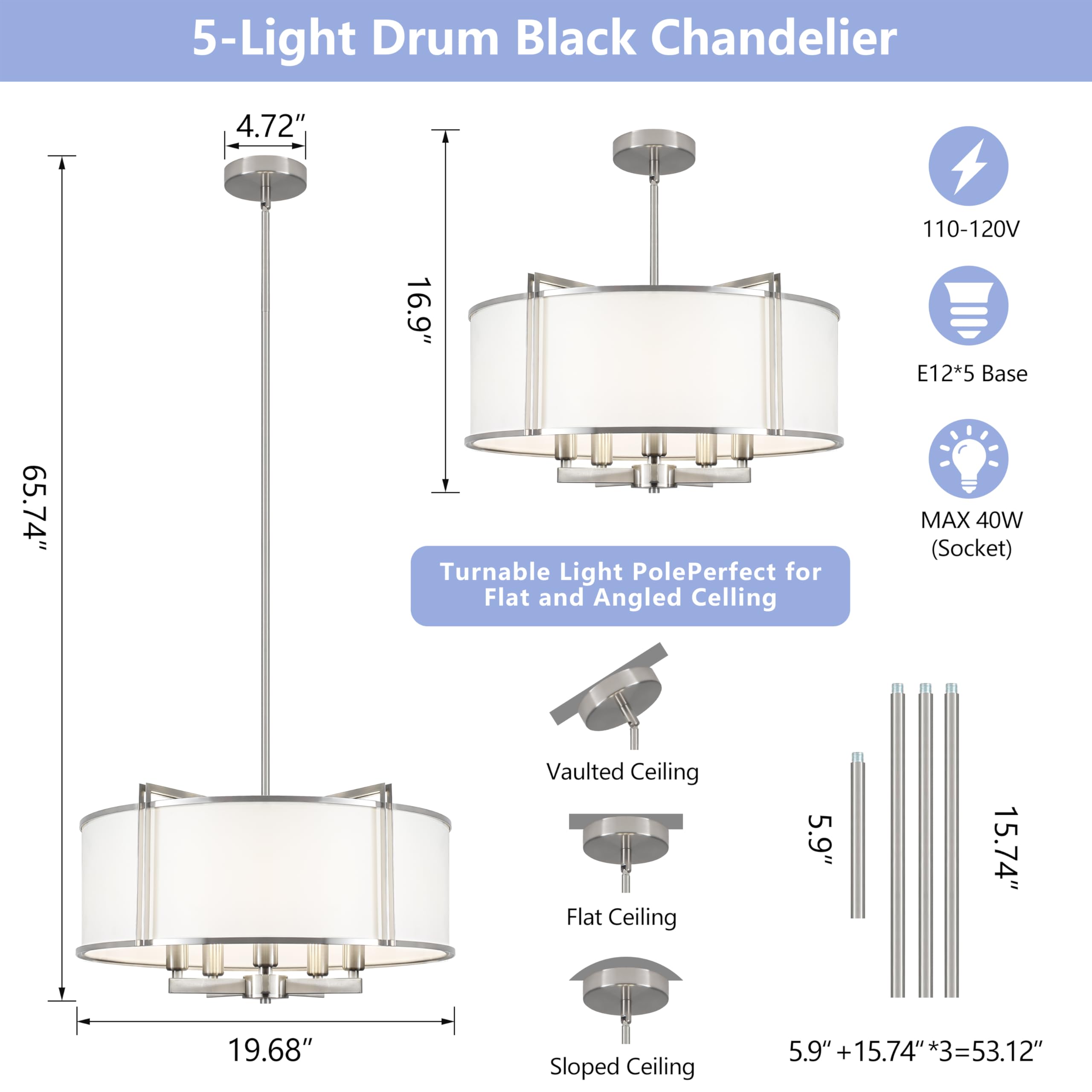 CWarmozy 19.6'' 5-Light Drum Chandelier, Brushed Nickel Modern Pendant Light, Adjustable Fabric Fixture for Dining Room, Kitchen, Living Room