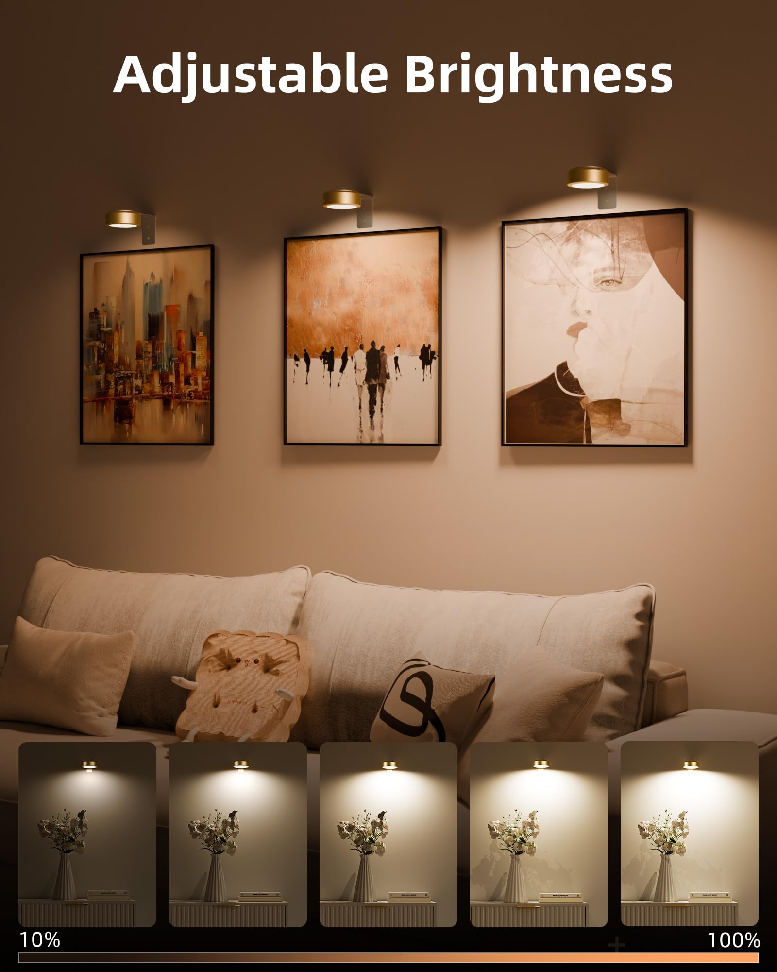 EZVALO Picture Lights, 2000mAh Rechargeable, 3 Color Temps & 12 RGB, Remote Dimmable, 3 Pack, Gold, Model TL-01