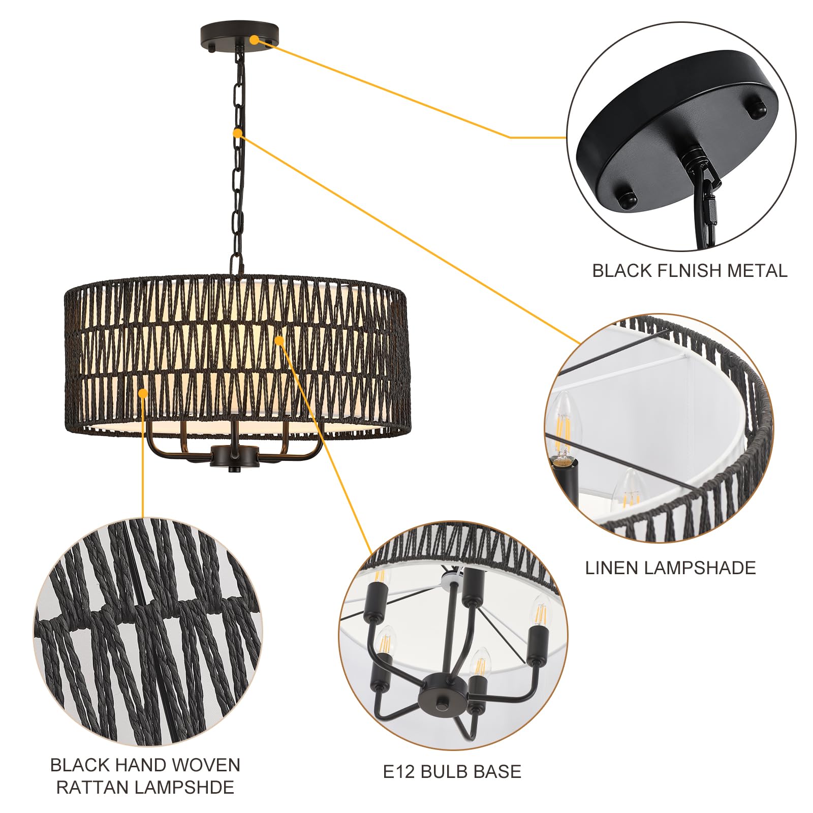 YOMECOO Black Rattan & Linen Boho Chandelier, MD218-hei, Vintage Farmhouse Drum Light Fixture for Dining Room, Kitchen, Living Room