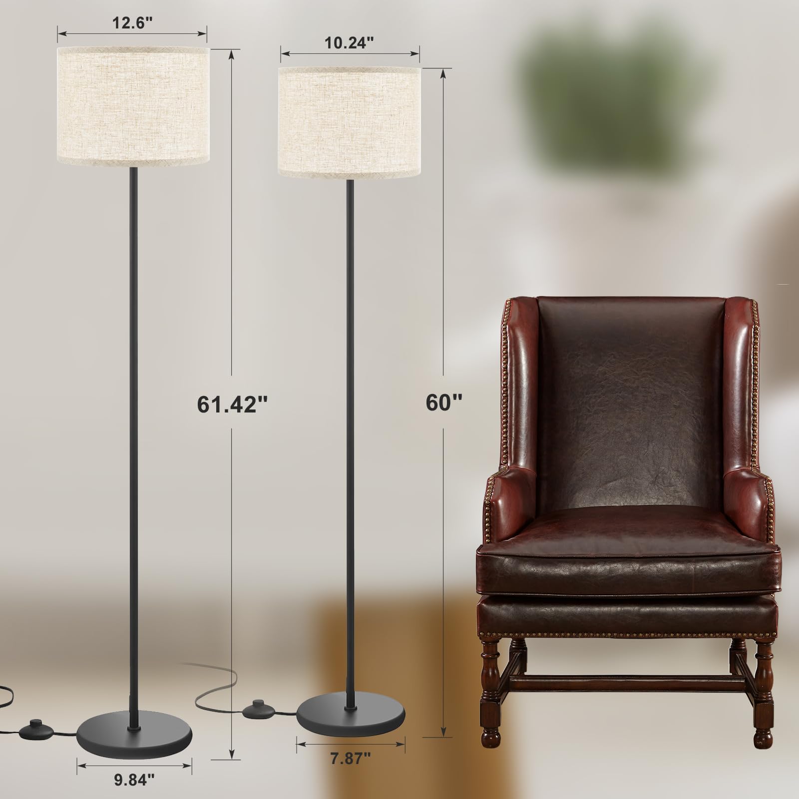 Ambimall 61'' Modern Floor Lamp With Shade, Tall Lamps For Living Room, Bedroom, Office, Dining Room, Beige Shade With Black Pol