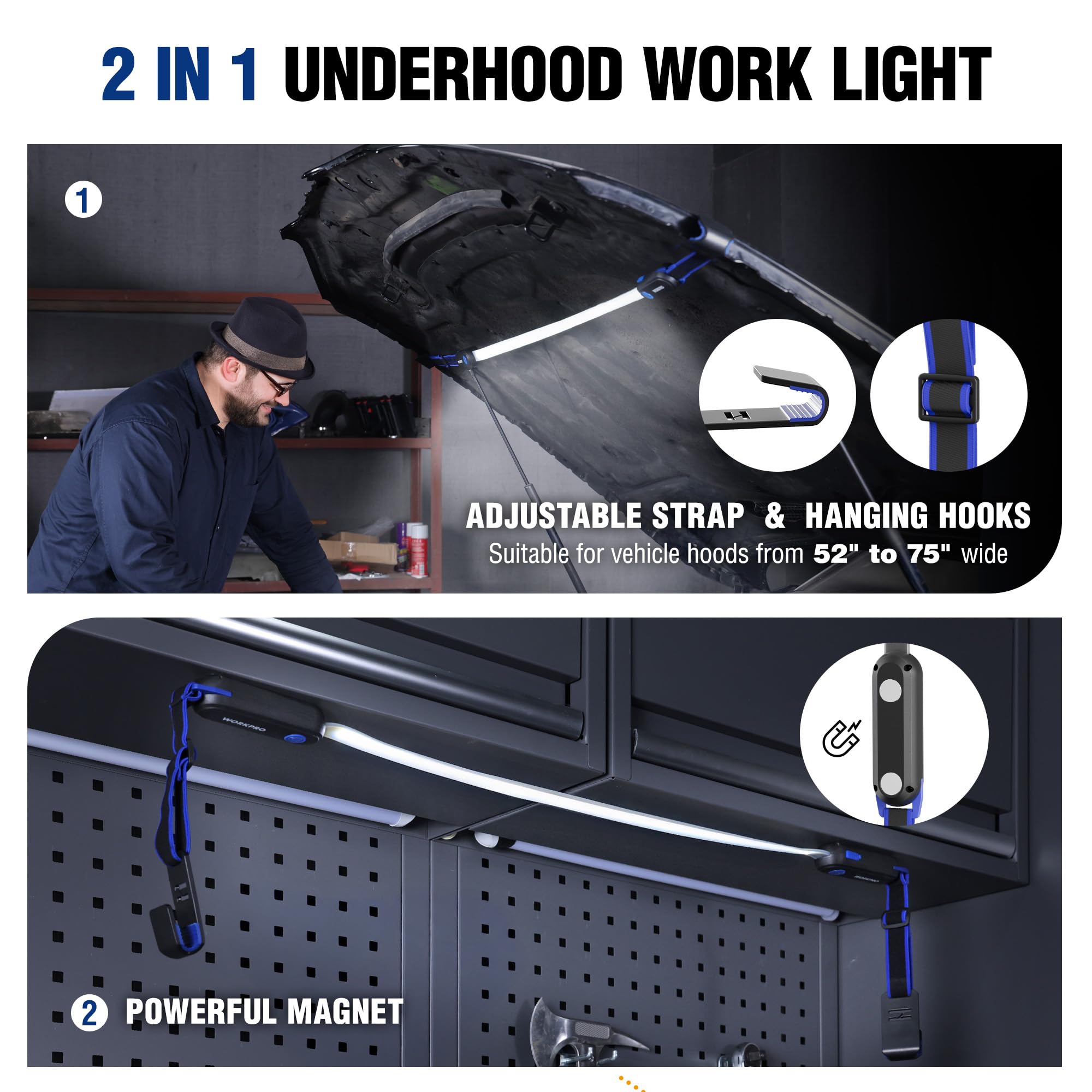 WORKPRO Rechargeable 25" Underhood Work Light, Foldable LED Bar, 3 Modes, Magnetic, Ideal for Car Repair, Garage, Workshop, Emergency