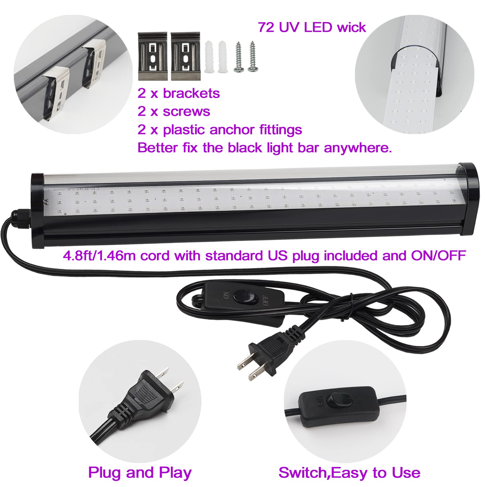 CICINY 25W LED Black Light Bar - 72 UV Chip 395-405 nm, Plastic, 1 Count, Black