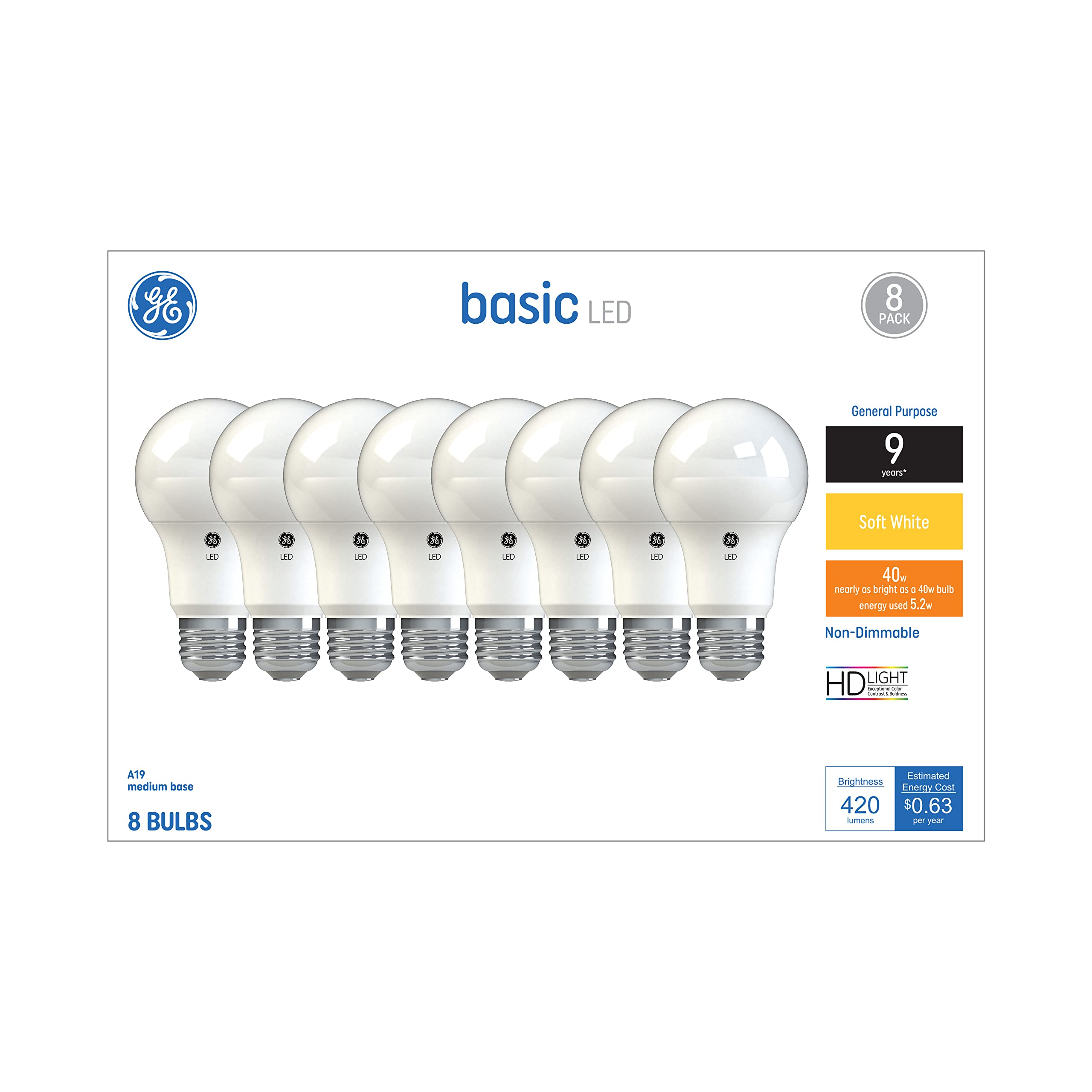 Ge Basic Led Light Bulbs, 40 Watt, Soft White, A19 (8 Pack)