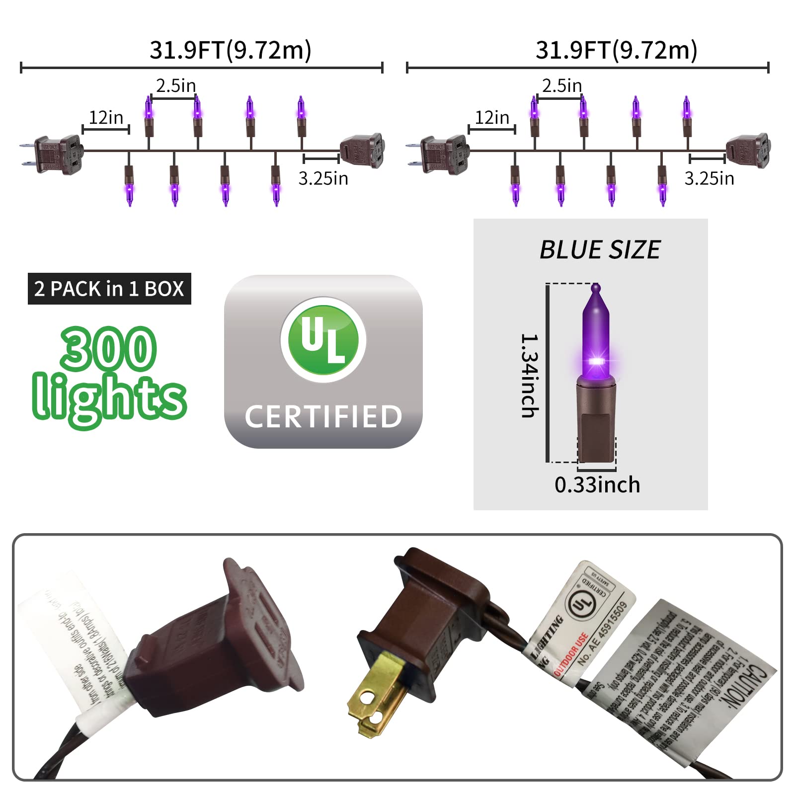 Glownova Brown Wire, Purple Incandescent Bulb 300(150L*2Pcs) Mini String Lights For Indoor Halloween Tree Home Party Festival Decoration