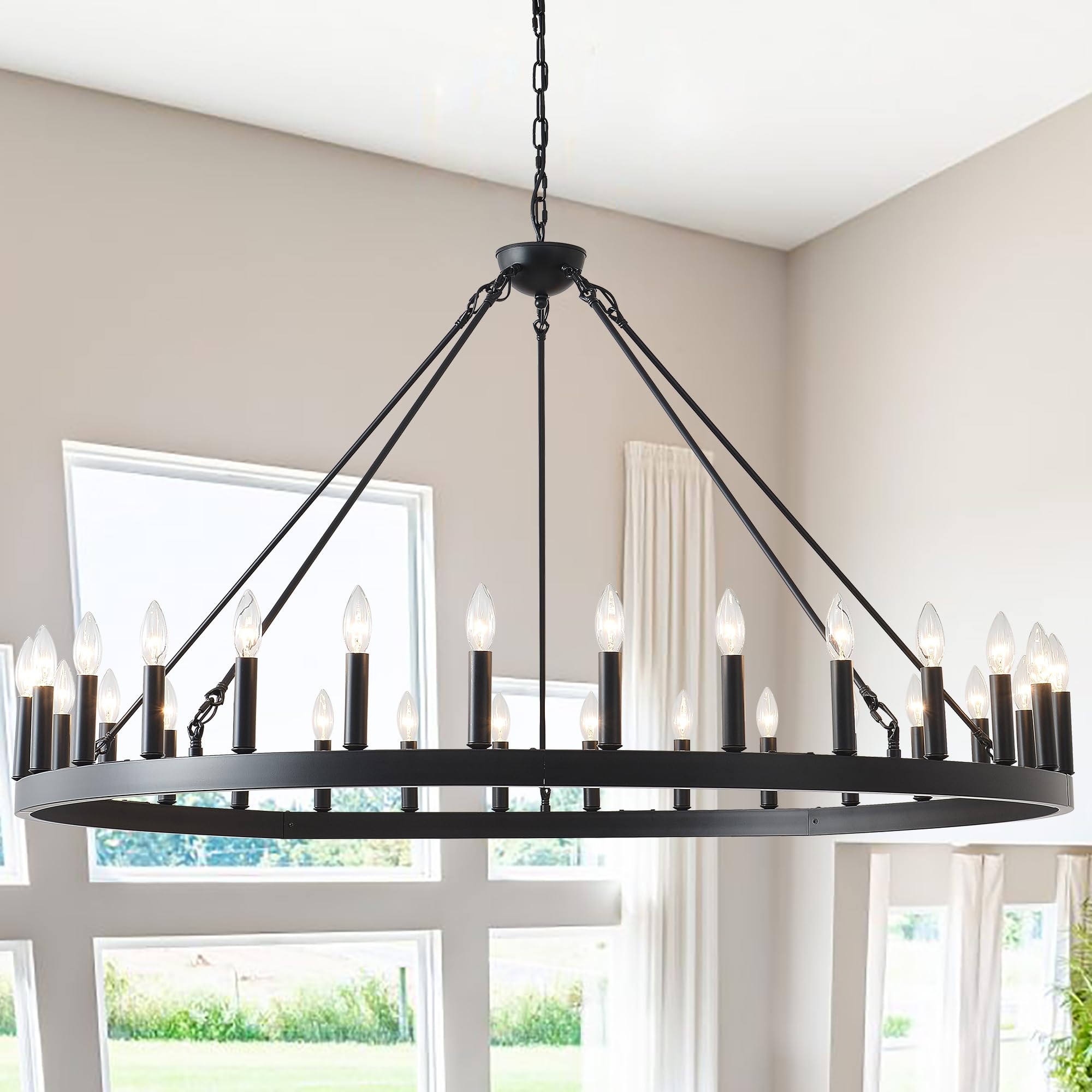 Zbmyrbzj 53&quot; Black Wagon Wheel Chandelier, 30-Light Metal Fixture For High Ceilings & Dining Room