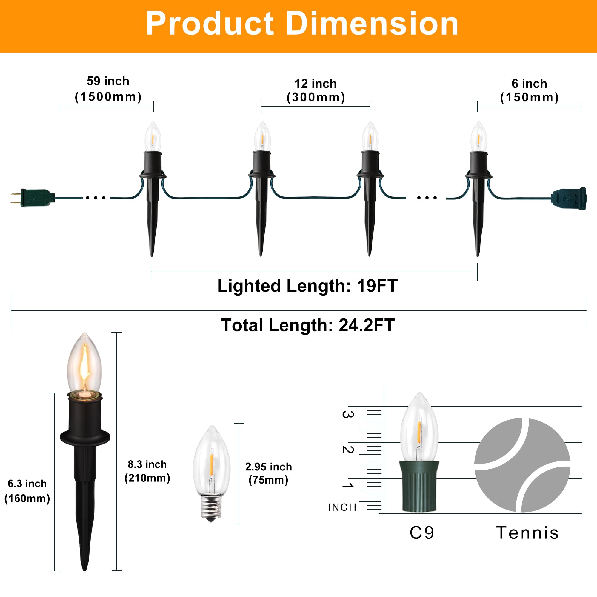 Tioriy Christmas Pathway Led Lights Outdoor, 20 Lights C9 Walkway Lights With Stakes, 24.2Ft Clear Driveway Christmas Lights For