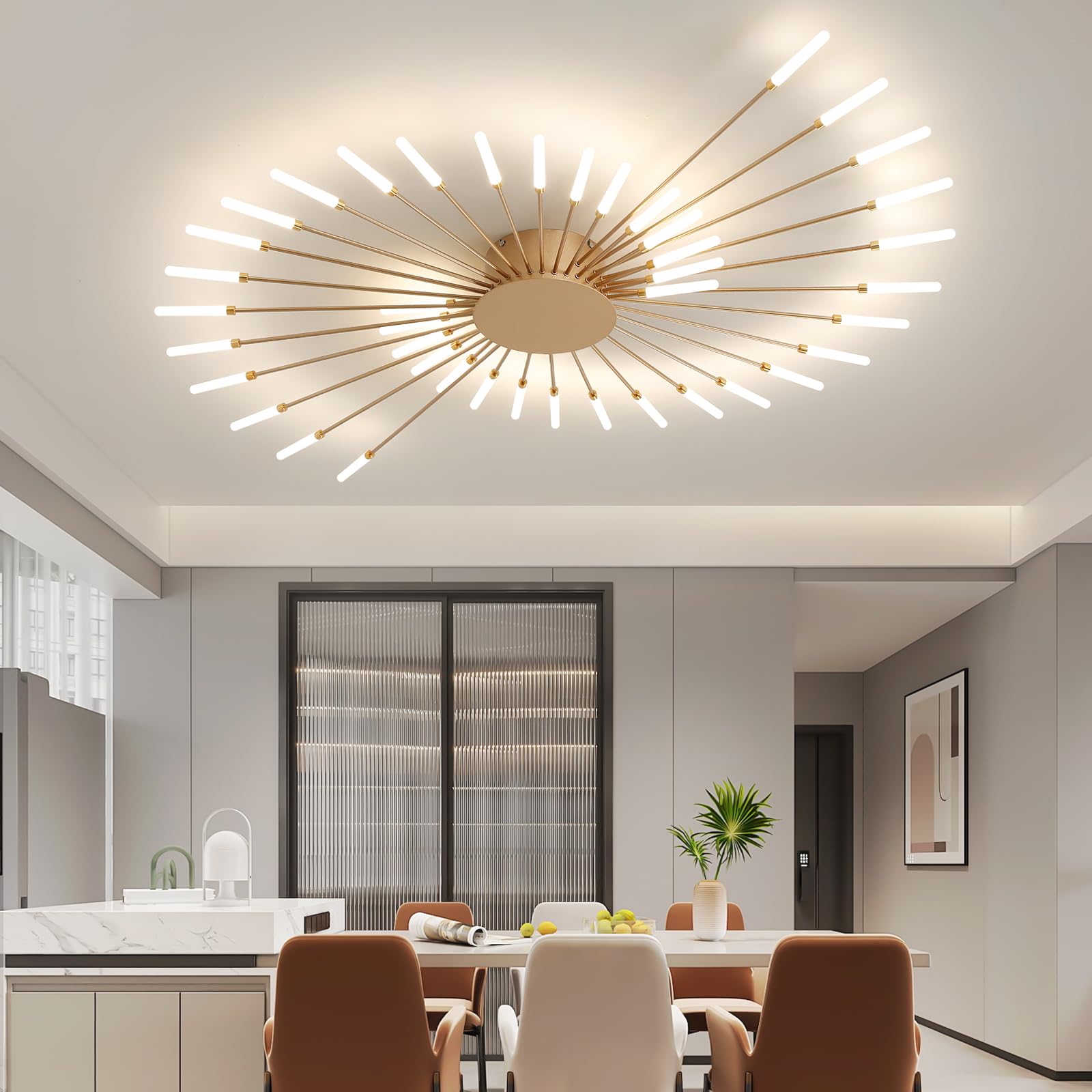 Ziidoo Modern Ceiling Light  42 Lights Metal Firework Designed Chic Led Lighting Fixture For Farmhouse Kitchen Dining Room Bedroom Hallway Living Room (Gold And Dark Gold)
