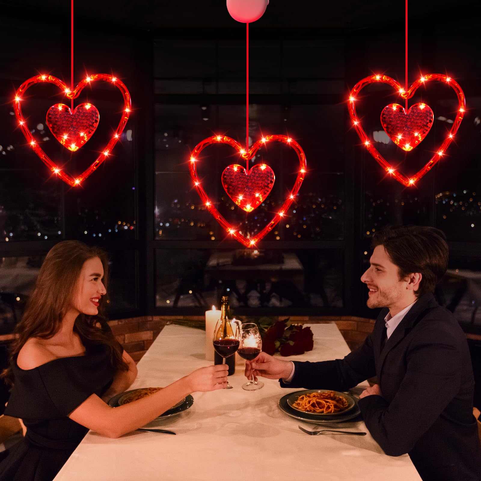 LYUBASA Valentines Day Window Lights - 3 Pack Red Heart Shaped LED Lamps with Timer, Battery Powered, Model V113 for Indoor Home Decor