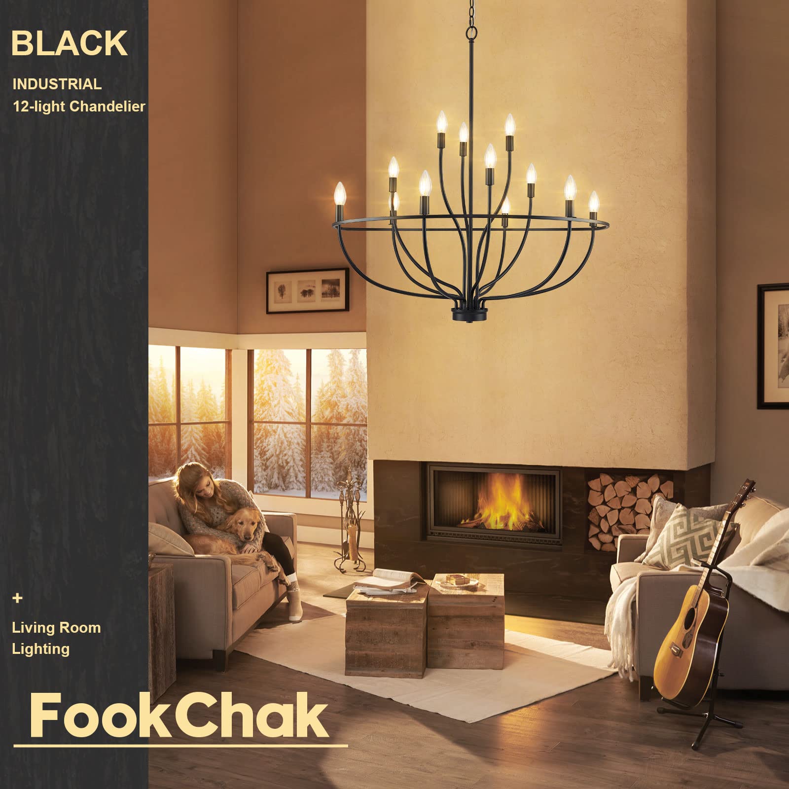 FookChak Black Chandelier 12-Light, 36in Modern Farmhouse Light Fixture for High Ceilings, Entryway, Dining Room, Metal Construction