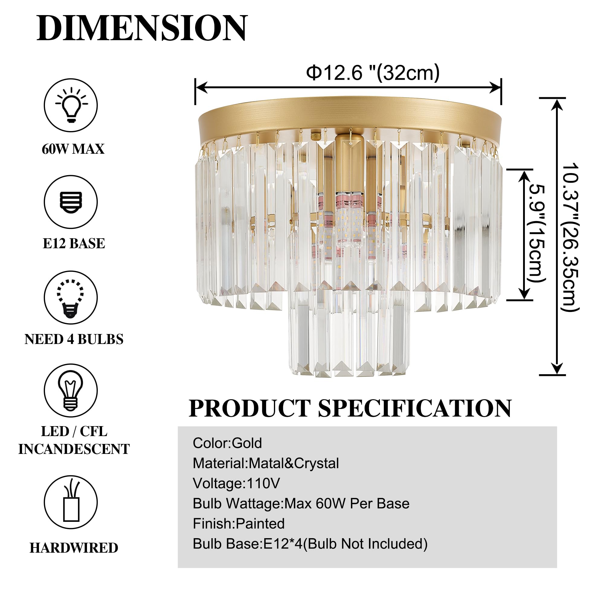 Faibra 12.6'' Gold Crystal Modern Crystal Ceiling Light Fixture, 2-Tier Luxury K9 Crystal, For Dining Room, Kitchen, Island, Liv