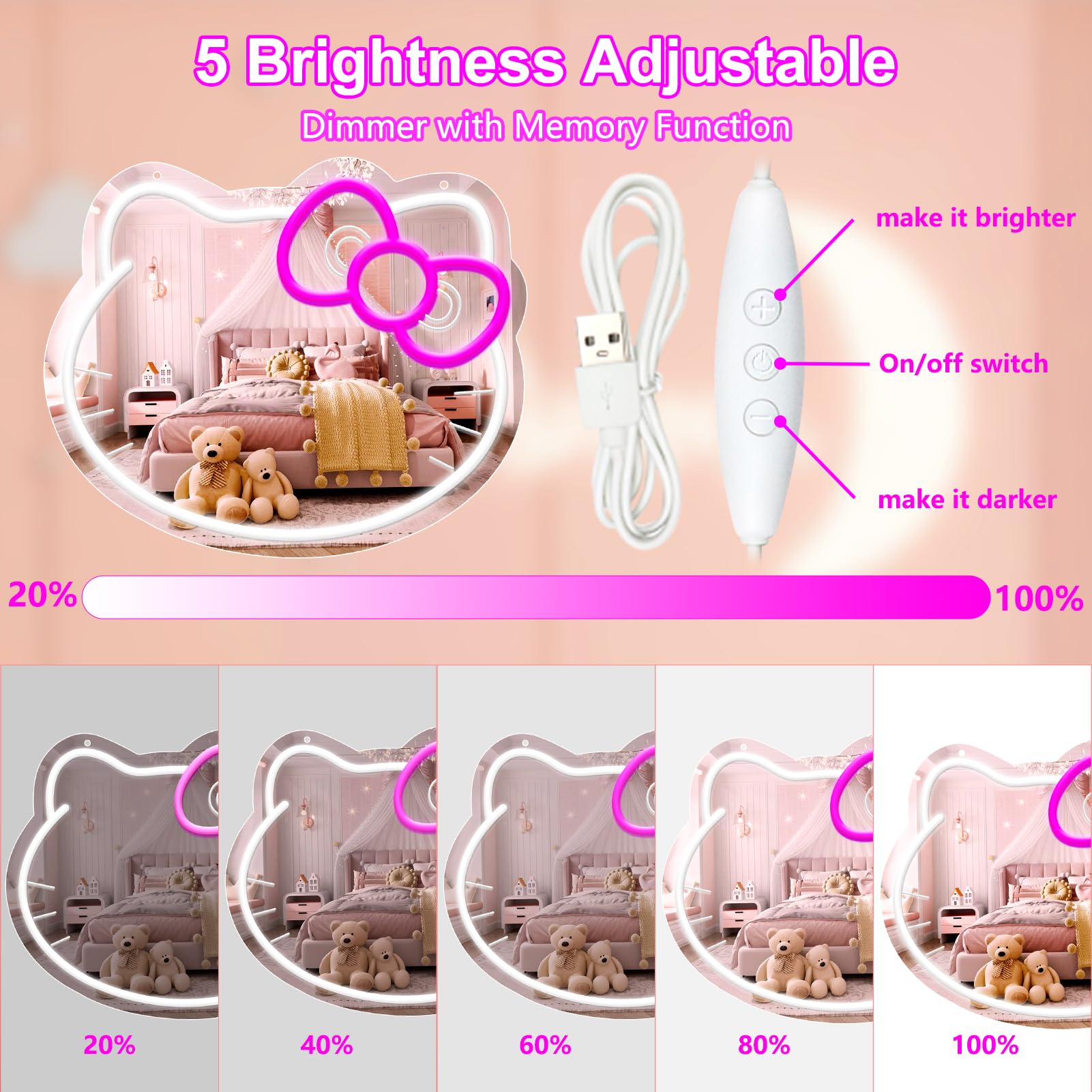 YASIZESOU Hello Kit Vanity Mirror with Neon Sign, 14inx11.8in, Pink Bow, Adjustable Brightness, USB Powered, Model HKDP02