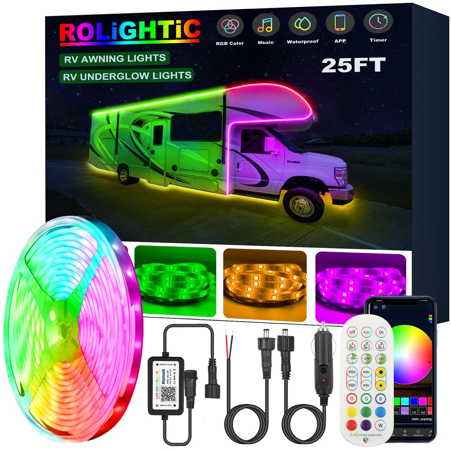 ROLiGHTiC RV Awning Lights Strip, 25FT Multi-Color LED, APP & RF Control, Model RO49U605777, Polycarbonate Material