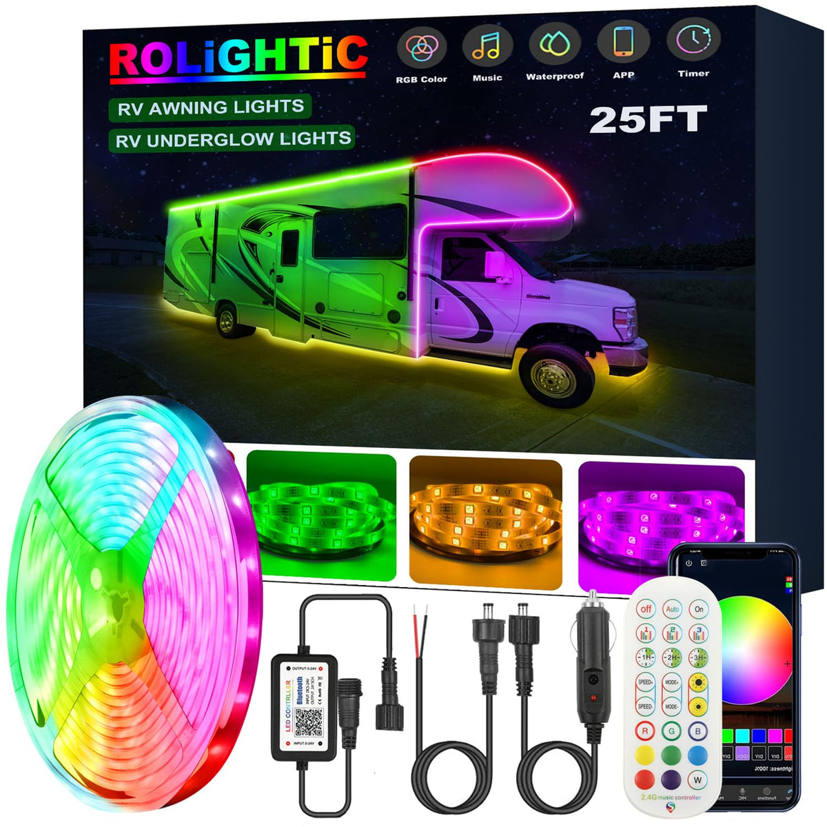 Rolightic 25Ft Rv Awning Lights Strip, 12V Multi-Color Rv Underglow Led Lights, Camper Underbody Accent Lighting With App Rf Control For Motorhome Travel Trailer Concession Stands Food Trucks
