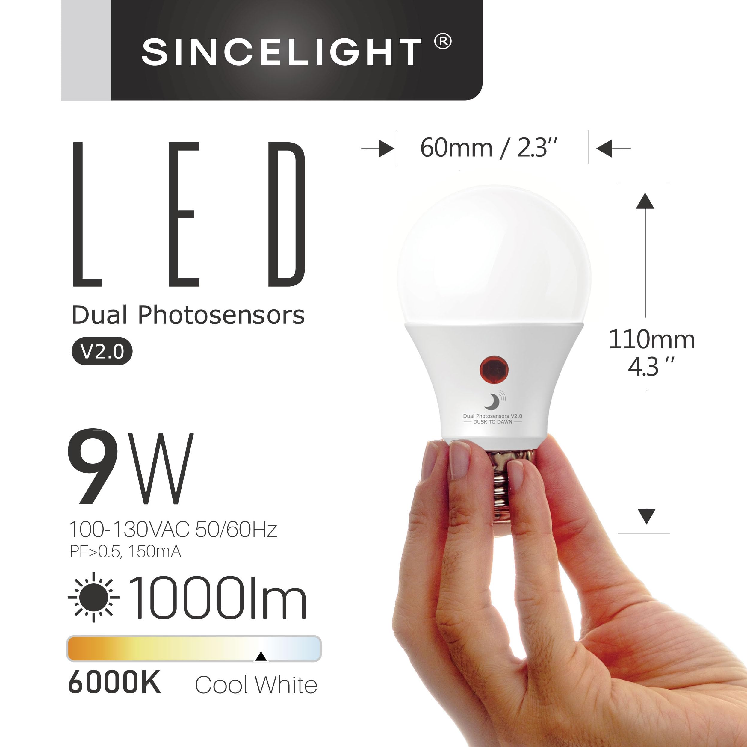 SINCELIGHT Dusk to Dawn LED Bulb - 9W, 6000K Cool White, E26, Pack of 2, Automatic ON/OFF with Dual DayLight Sensor