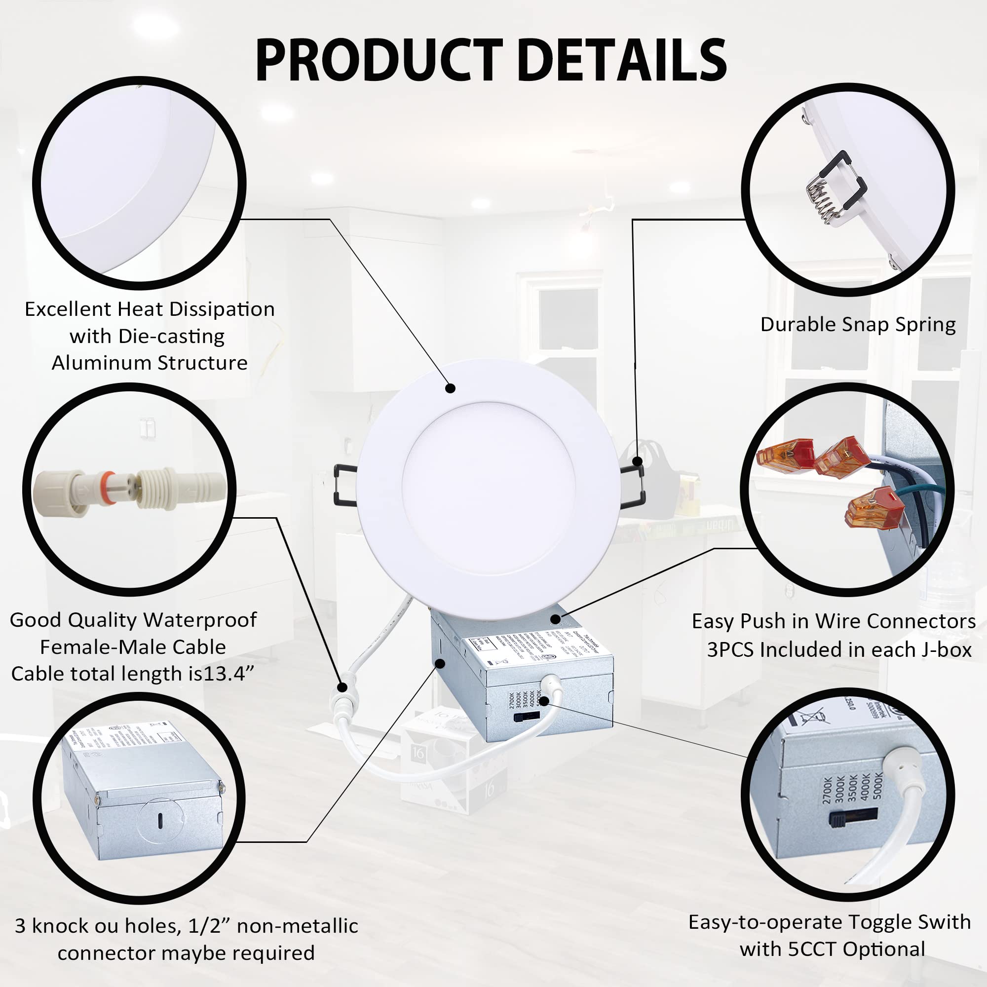 Popanu Led-Canless Downlight Recessed Lighting 4-Inch 5 Cct Adjustable Dimmable Recessed Lights Fixture With Junction Box, Ceill